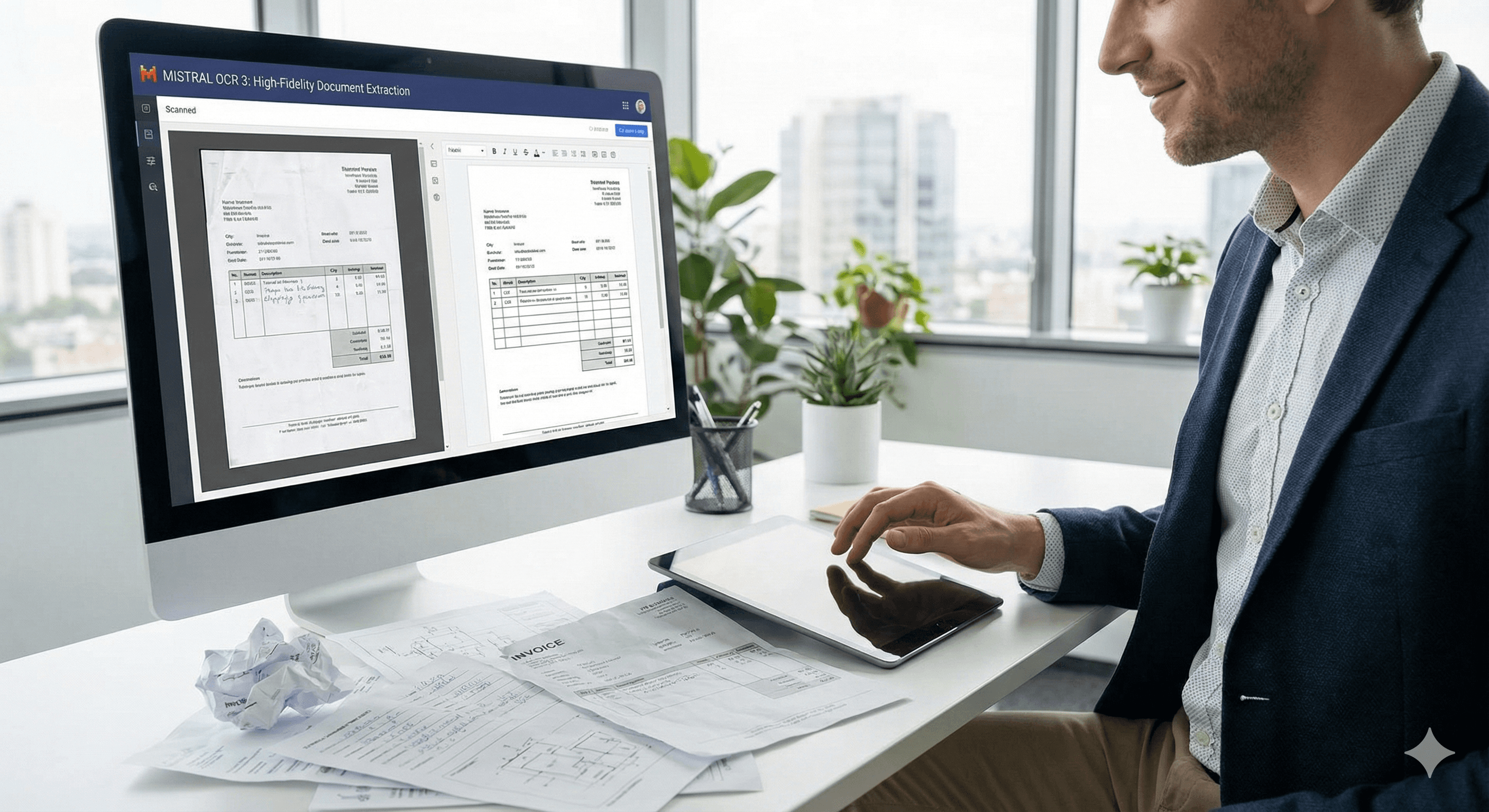 A person in business attire is seated at a modern white desk, using a tablet while reviewing several printed documents, with a computer monitor displaying scanned forms and the text "MISTRAL OCR - High-Fidelity Document Extraction" in a professional office environment.