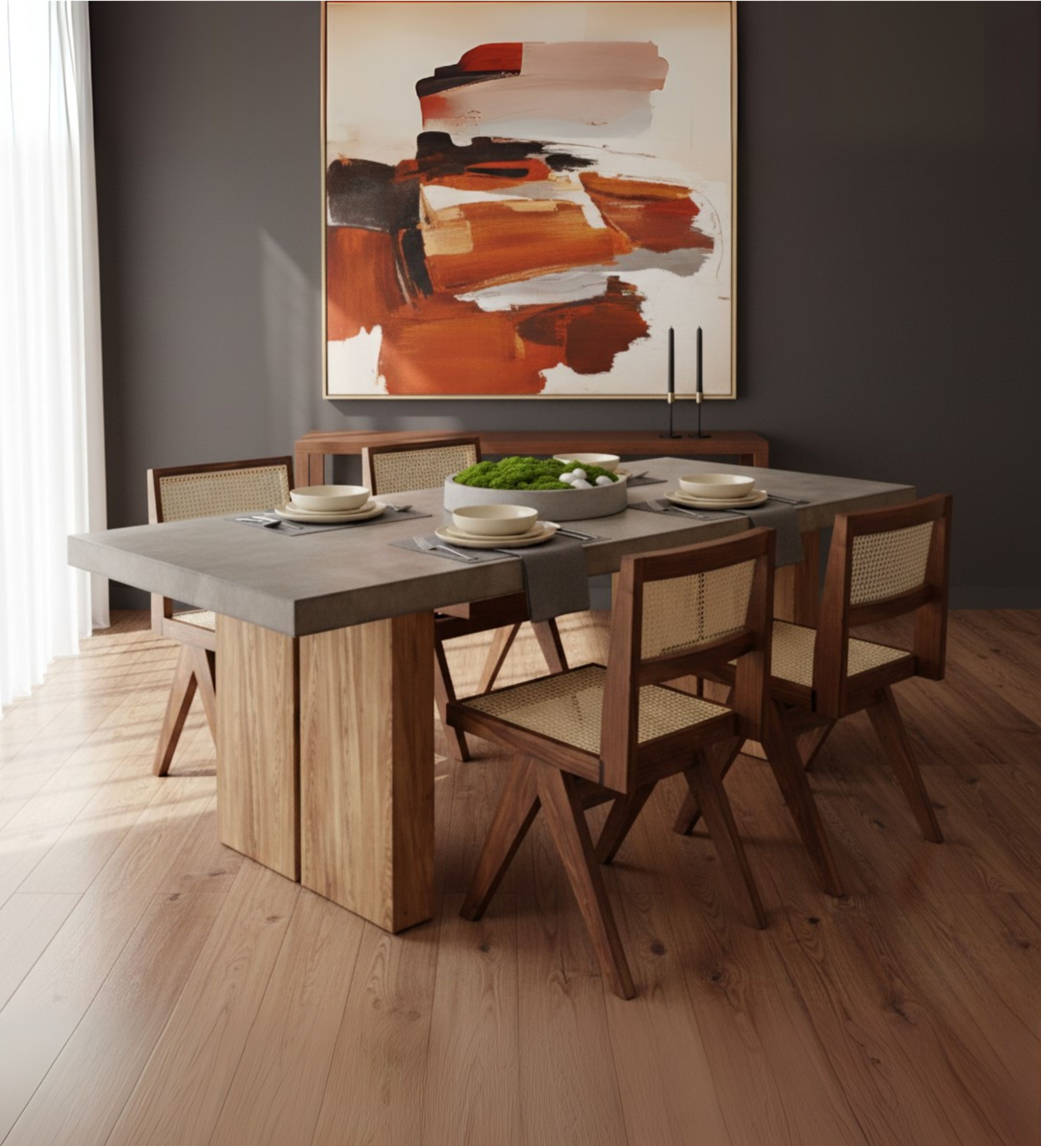 Solid wood dining table with bold rectangular top and coordinated upholstered chairs
