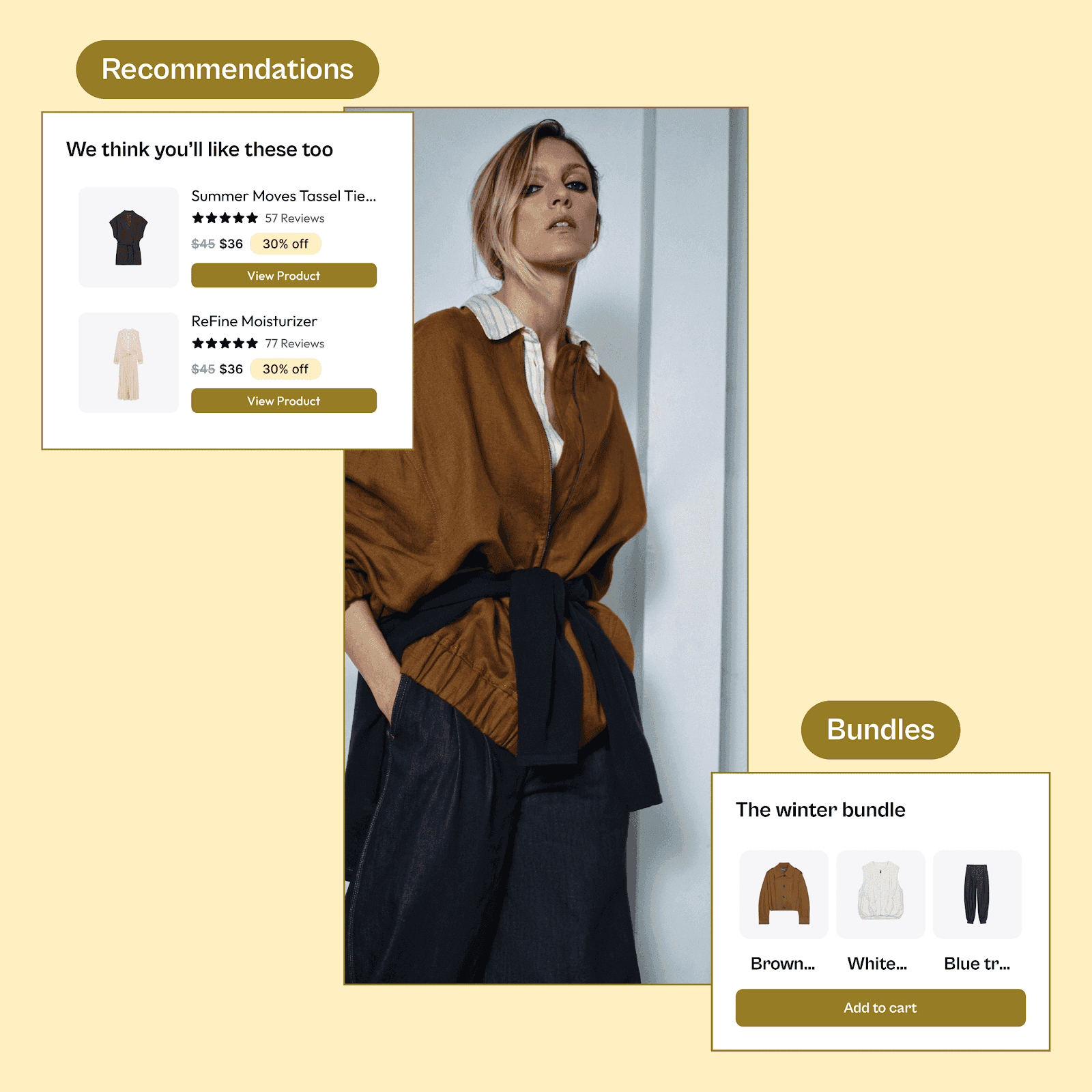 Clothing product recommendations and a product bundle displayed on a yellow background.