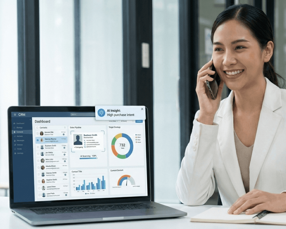 The final image shows the synergy between AI and human salesmanship. A salesperson is using the CRM data to make a phone call, having been provided with an "AI Insight" on the contact's purchase intent. This image concludes the story by showing how the human touch, guided by AI, leads to a successful outcome.