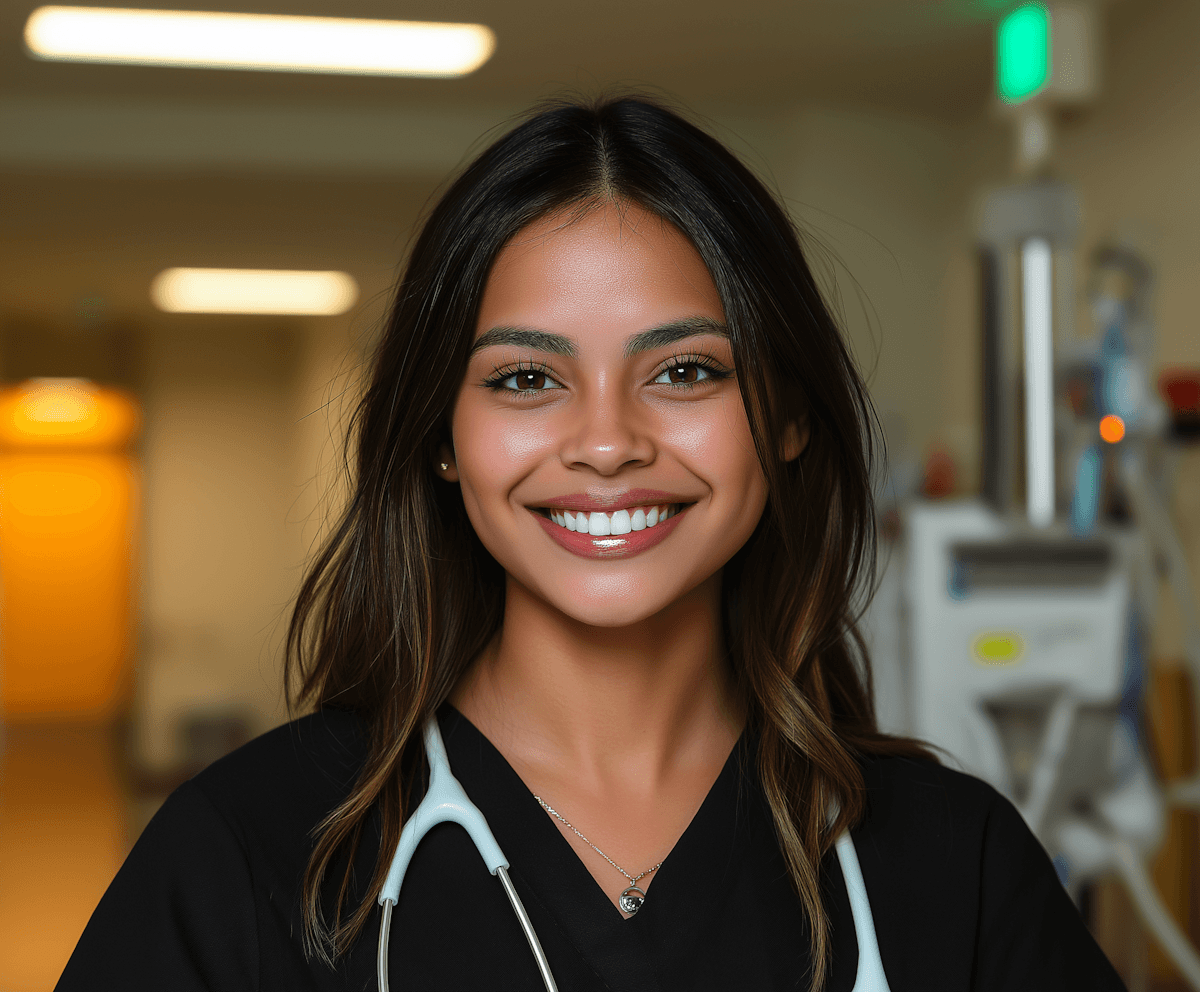 Smiling nurse with long hair and stethoscope stands in a brightly lit hospital corridor, conveying professionalism and warmth.