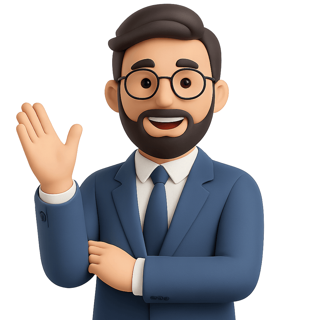 Postavička v modrém obleku s vousy a brýlemi, která představuje náš tým