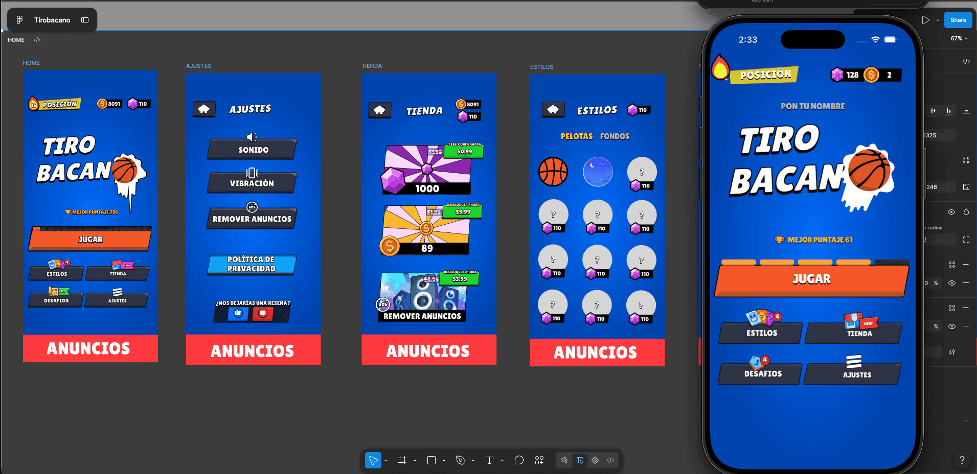 Home, settings, store and styles screens of Tiro Bacano designed in Figma