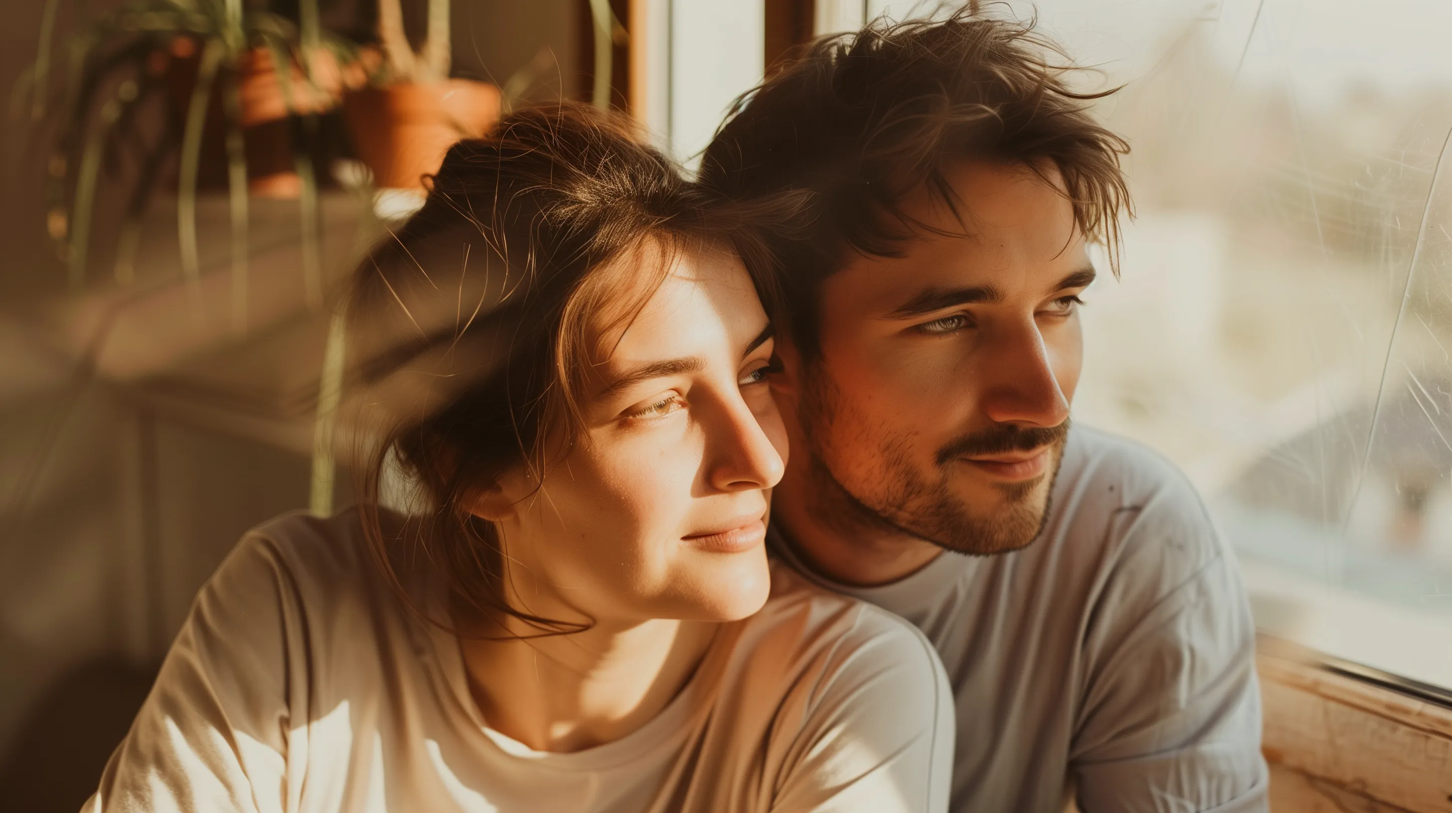 couple eyeing together the sunrise, with hope