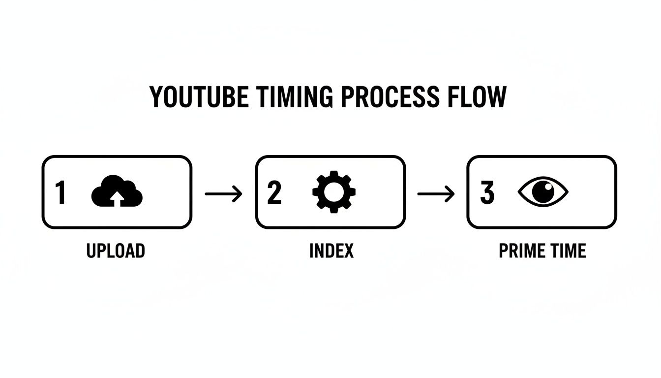 A three-step diagram illustrates the YouTube timing process: upload, index, and prime time.