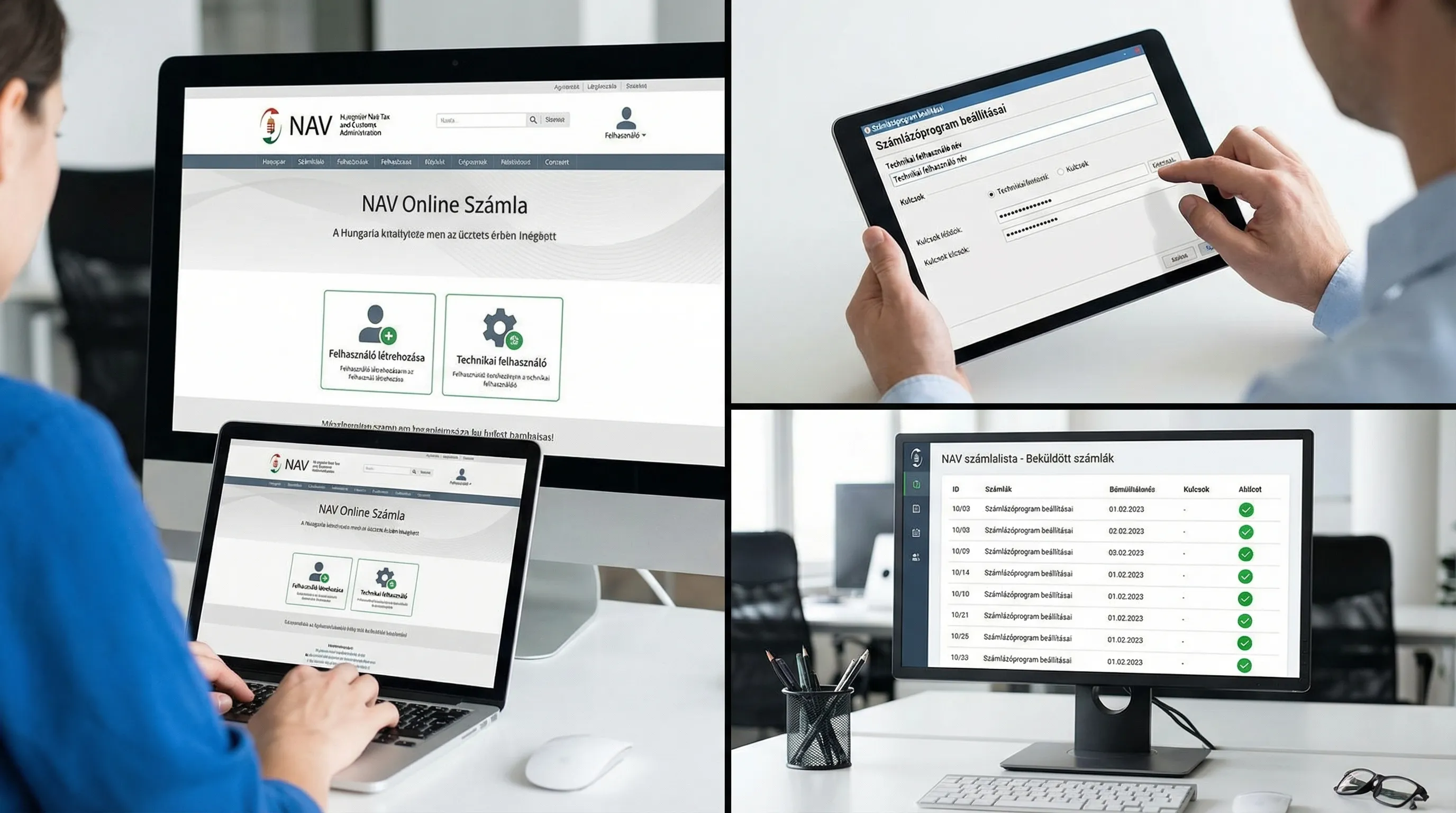 Illusztráció egy NAV Online Számla összekötés folyamatról: bal oldalon a NAV portál felhasználó és technikai felhasználó létrehozása, jobb oldalon a számlázóprogram beállításai (technikai felhasználó, kulcsok), alul pedig a beküldés ellenőrzése a NAV...