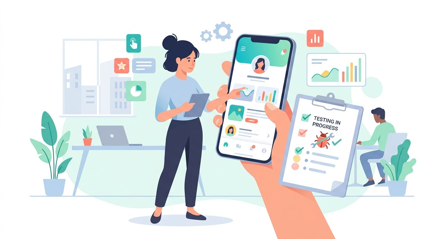 Flat illustration of a person testing a mobile app on a smartphone with a checklist and a bug being fixed