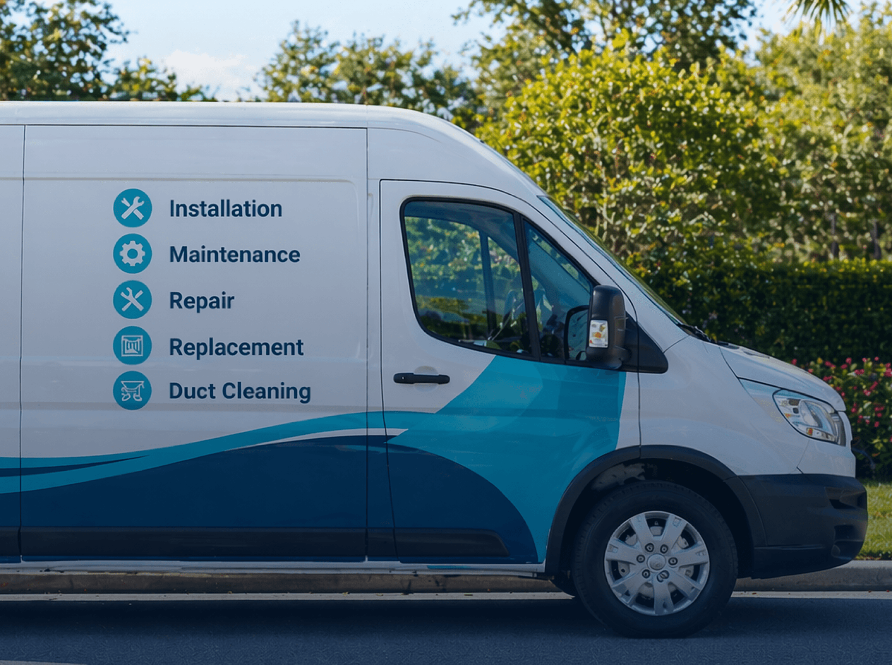 White and blue HVAC service van parked on a sunny street with service list on the side.