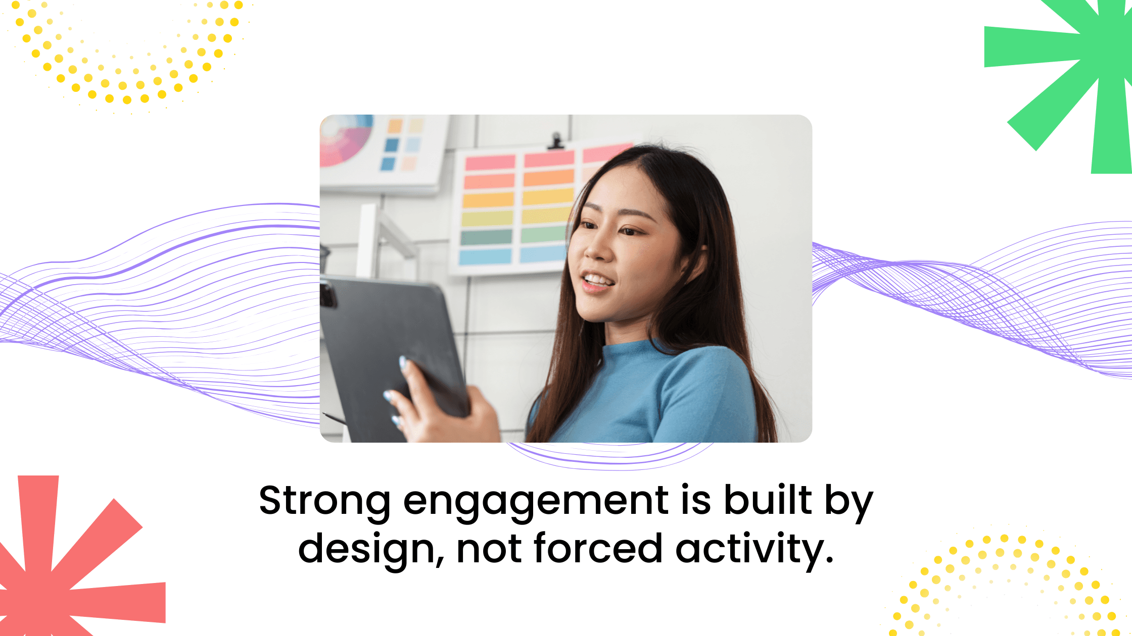 Coach using a tablet during an online session, showing how thoughtful community design leads to stronger engagement in coaching groups.