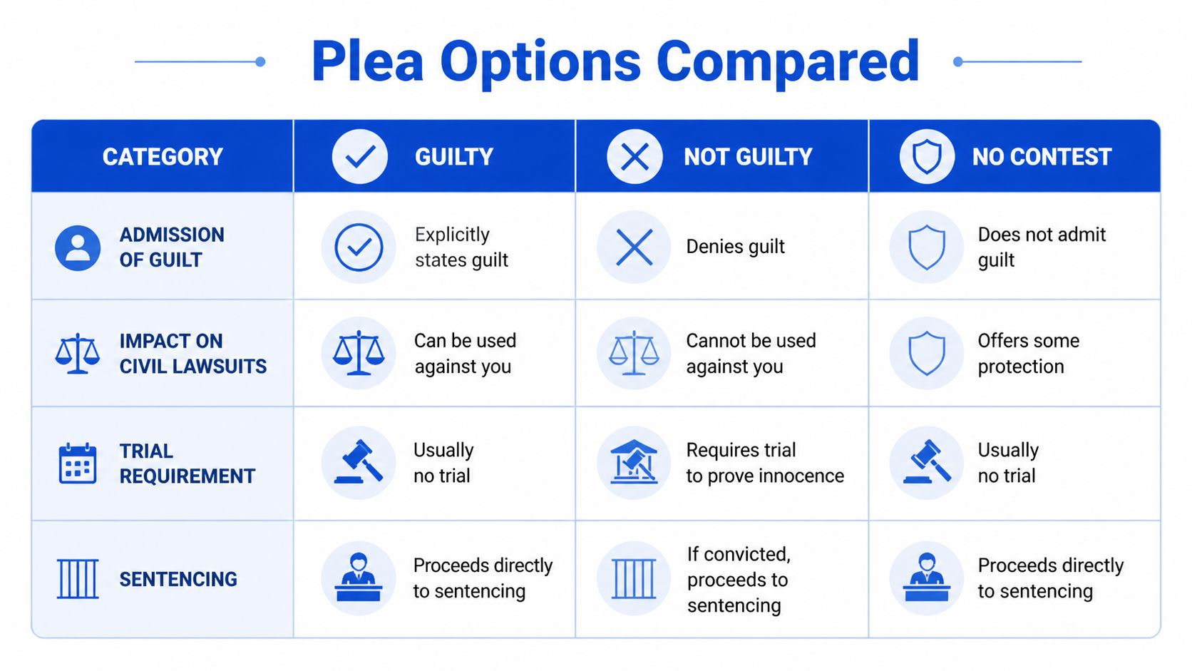 A comparison chart outlining the differences between Guilty, Not Guilty, and No Contest legal plea options.