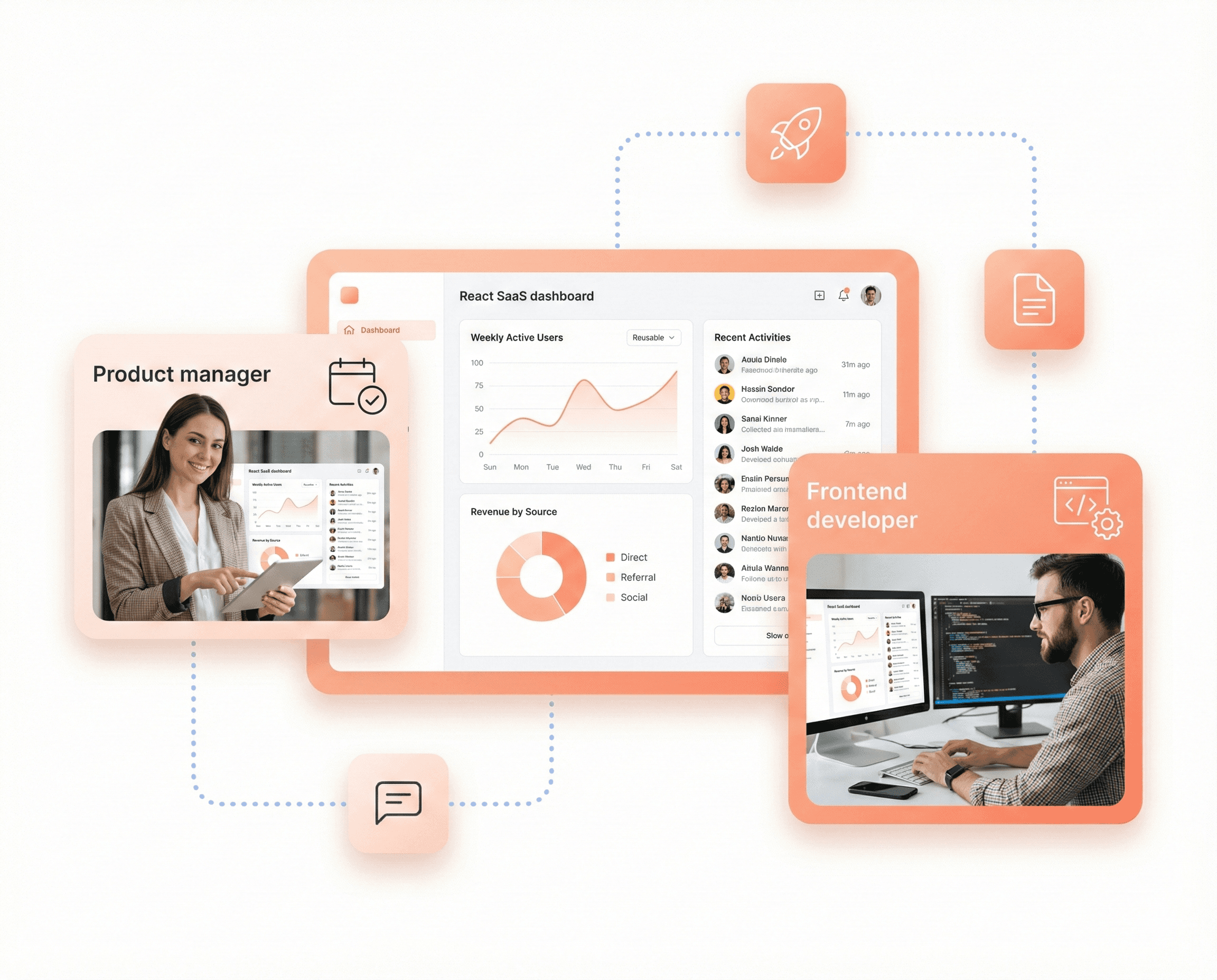 Custom React development for SaaS and B2B showing a modern dashboard UI with reusable components reviewed by a product manager and frontend developer