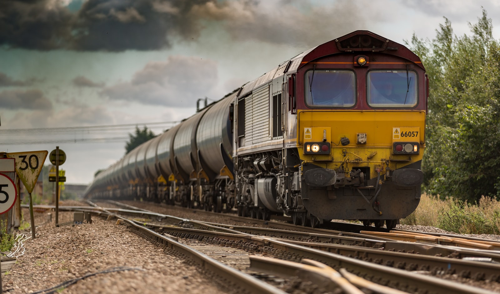 Train approaching a junction of tracks