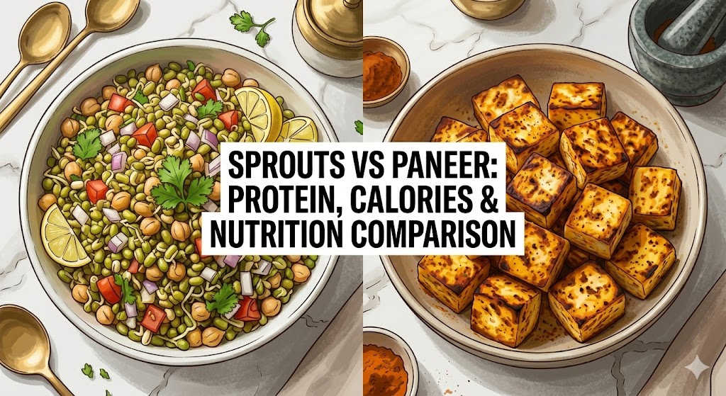 A side-by-side comparison illustrating the nutritional differences between a bowl of fresh mung bean sprouts salad and grilled paneer cubes, highlighting key factors like protein, calories, and overall nutrition.