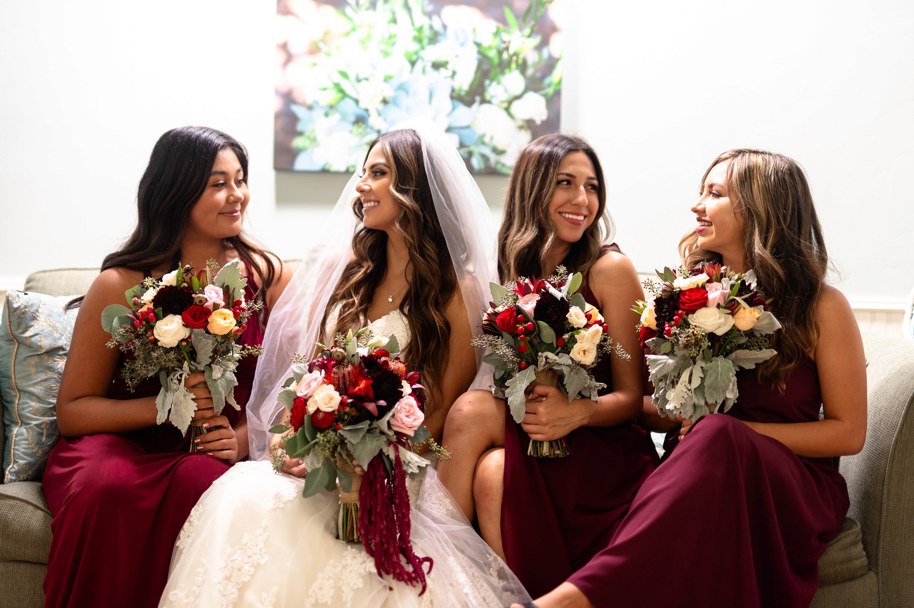 Flat lay wedding details with bouquet, rings, and sparkling bridal heels