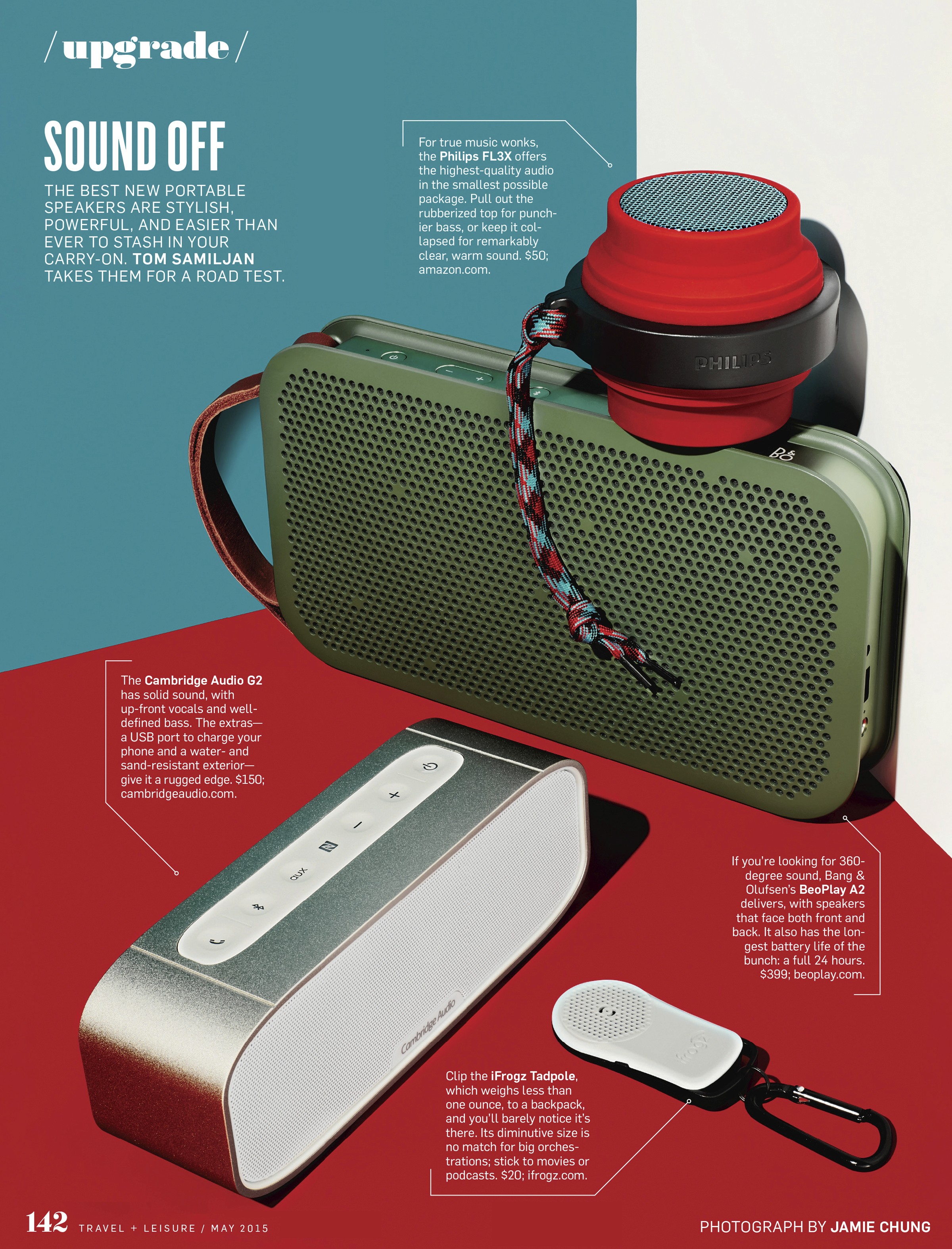 A layout with a still life image of 4 types of portable bluetooth speakers shot against a corner wall