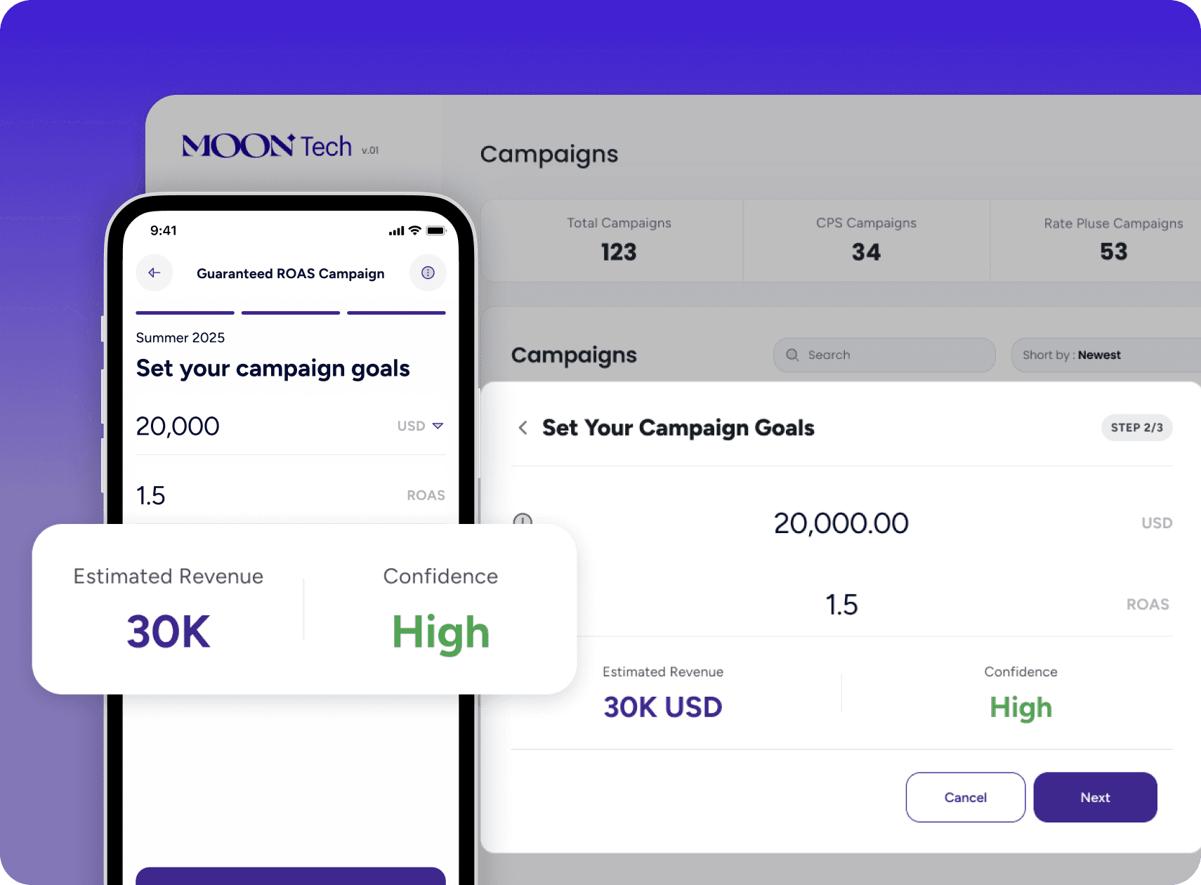 Campaign goals screen showing estimated revenue and confidence score
