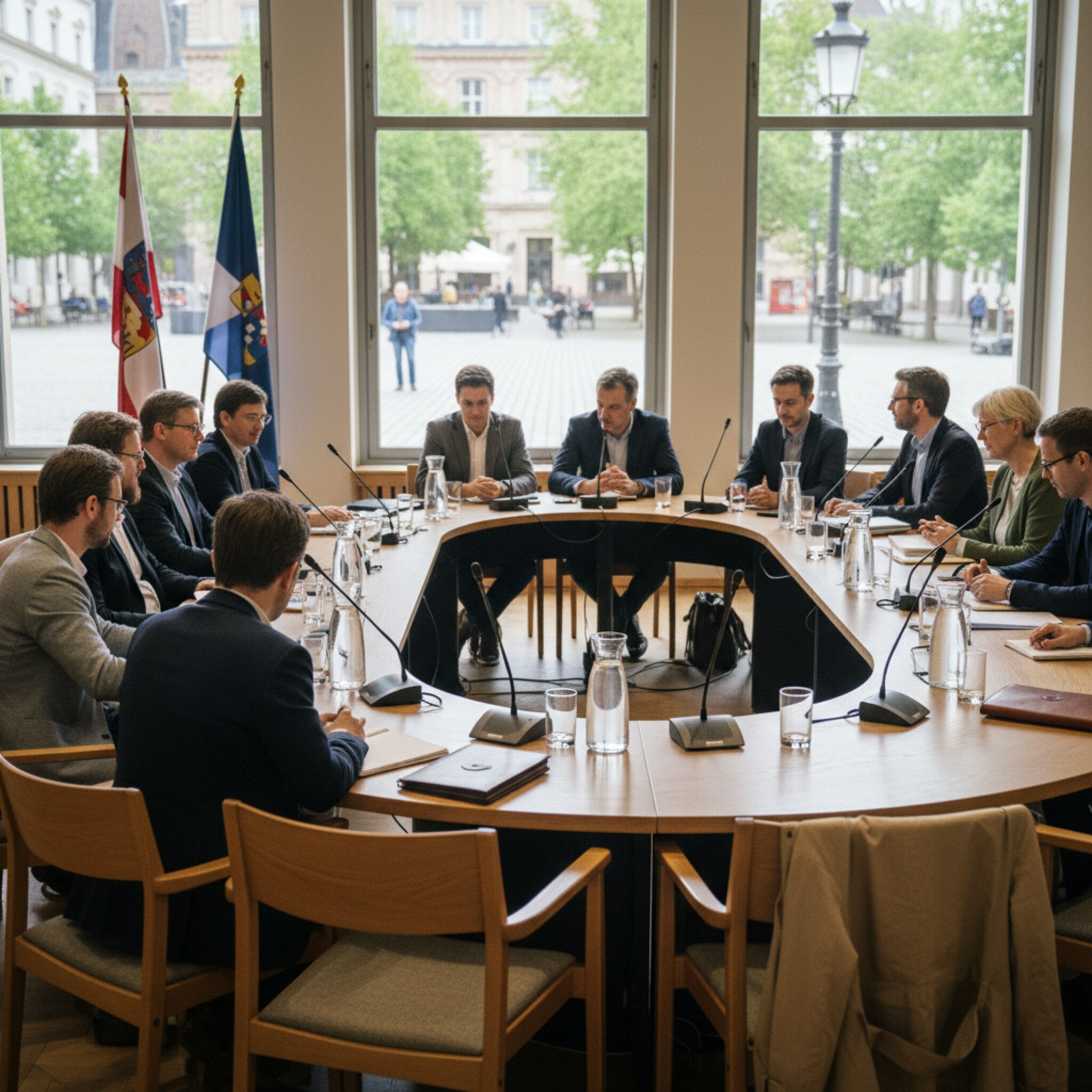 Im Sitzungssaal sind Stühle in einem Halbkreis vor einem langen Tisch angeordnet. Mikrofone und Karaffen stehen bereit, Fahnen schmücken die Ecke. Durch große Fenster sieht man den Marktplatz. Die ruhige Vorfreude auf eine Ausschusssitzung liegt in der Luft.