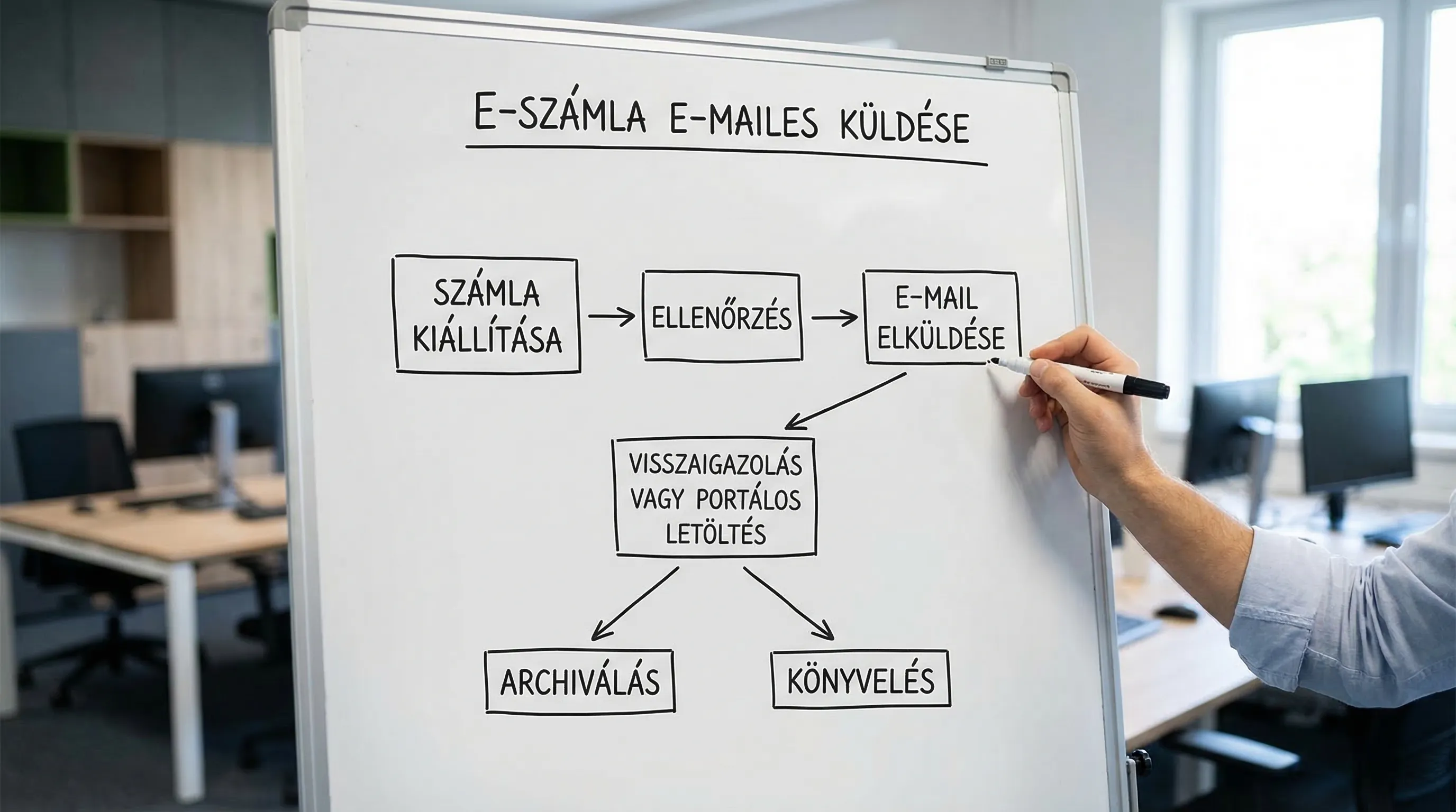 Egy egyszerű folyamatábra az e-számla e-mailes küldéséhez: számla kiállítása, ellenőrzés, e-mail elküldése, visszaigazolás vagy portálos letöltés, archiválás és könyvelés.