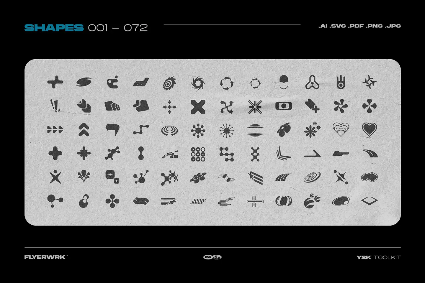 Y2K Toolkit vector shapes 001 to 072 preview with abstract Y2K icons