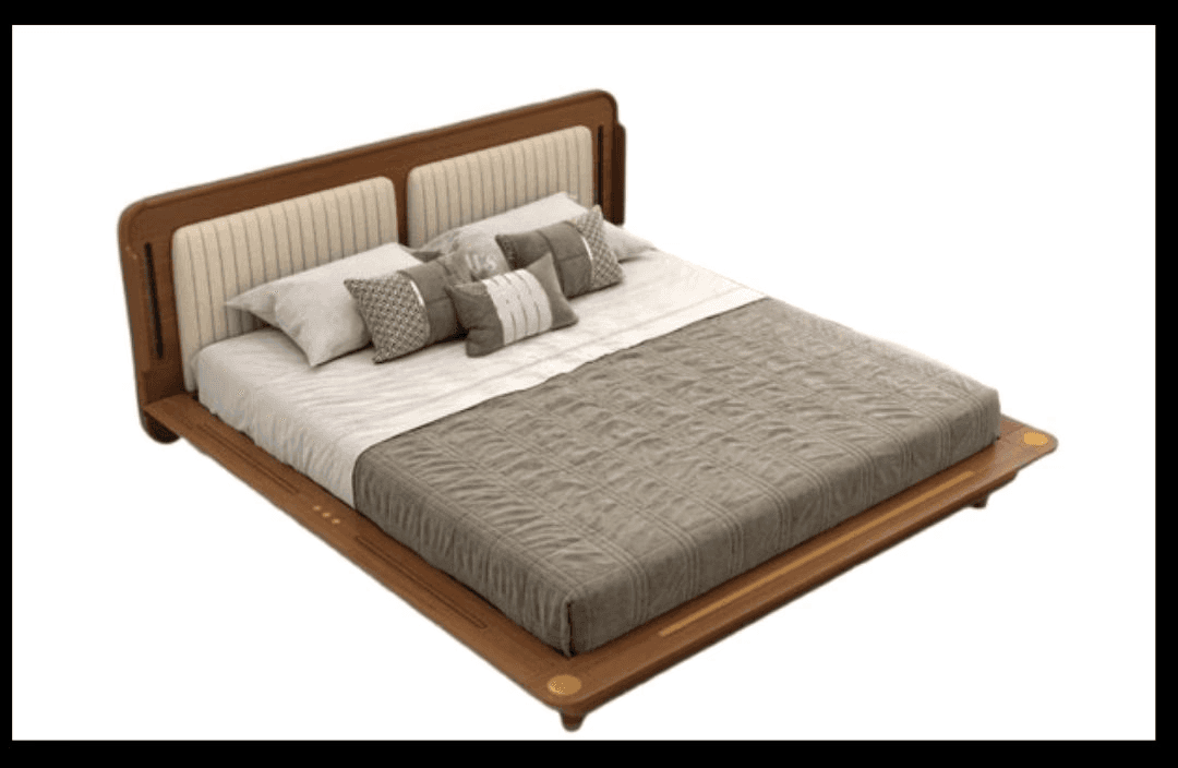 Beige channel-tufted bed with wide wooden headboard.