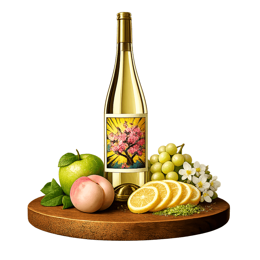 Artistic label and flavor profile for Japanese Delaware on a rustic wooden table.