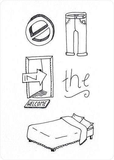 A drawing of a 3d stop sign, a pair of pants, a door with a door mat, the word the and a bed.