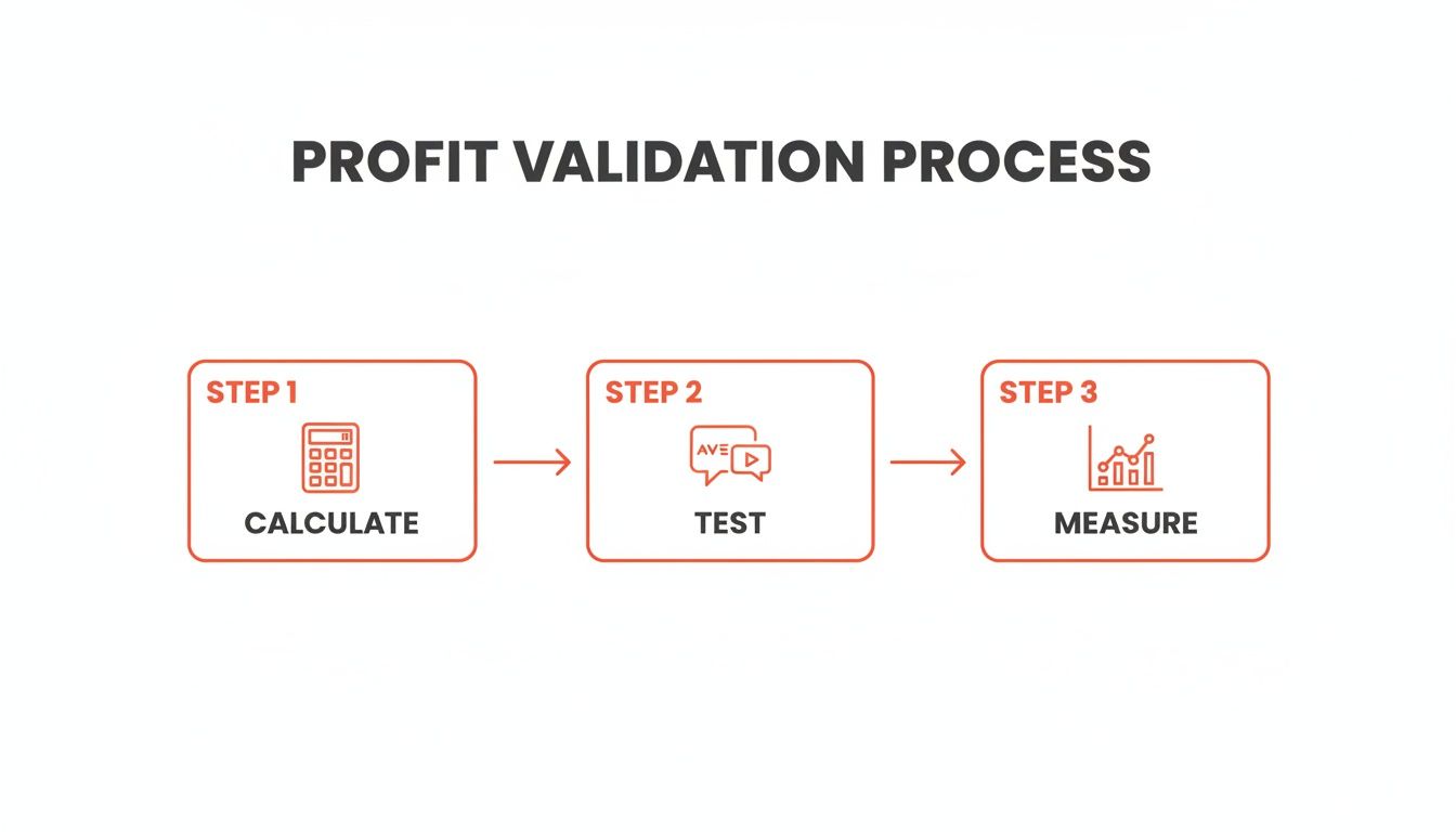 A flowchart illustrates the profit validation process with three steps: calculate, test, and measure.