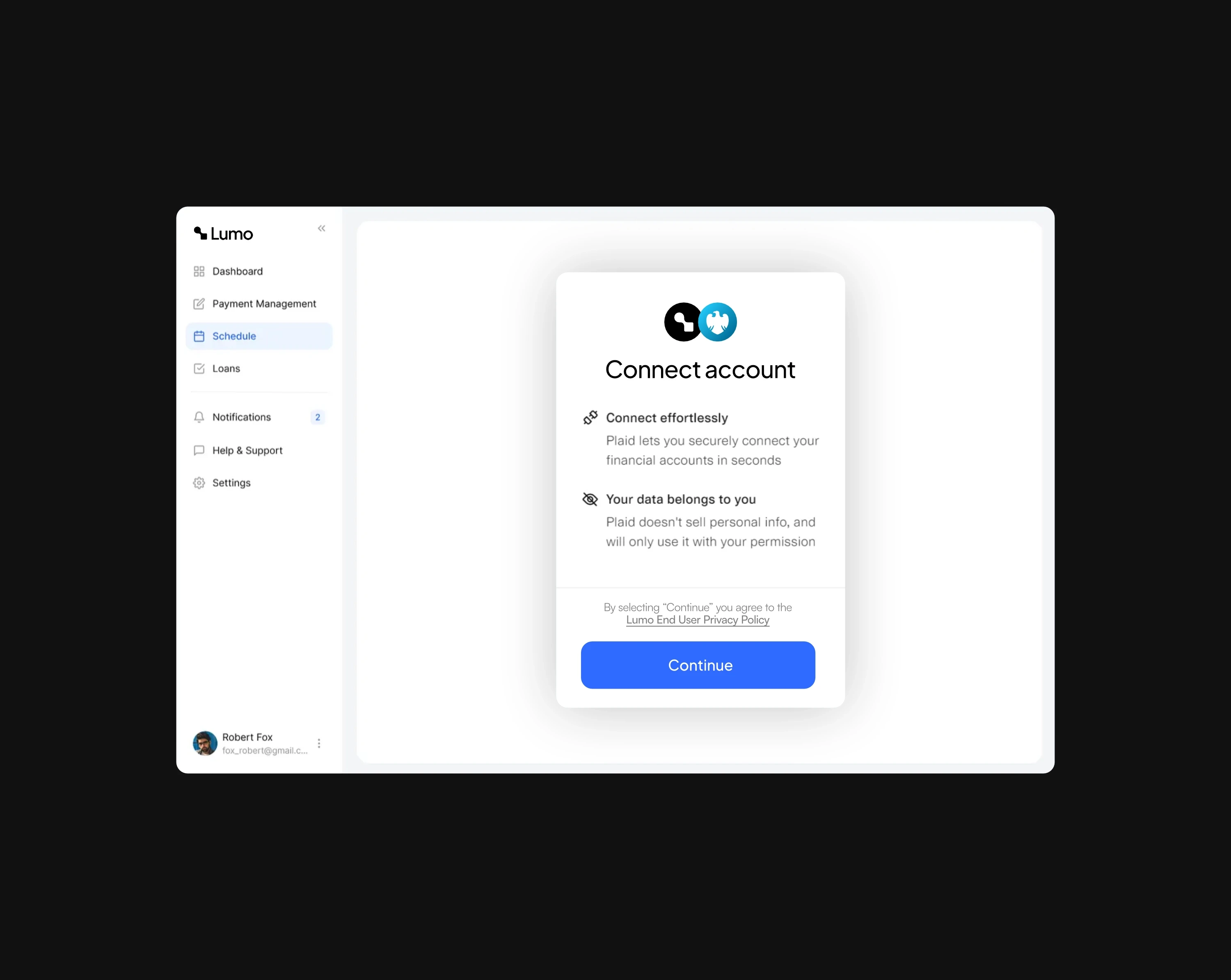 Dashboard preview showing open banking connection screen