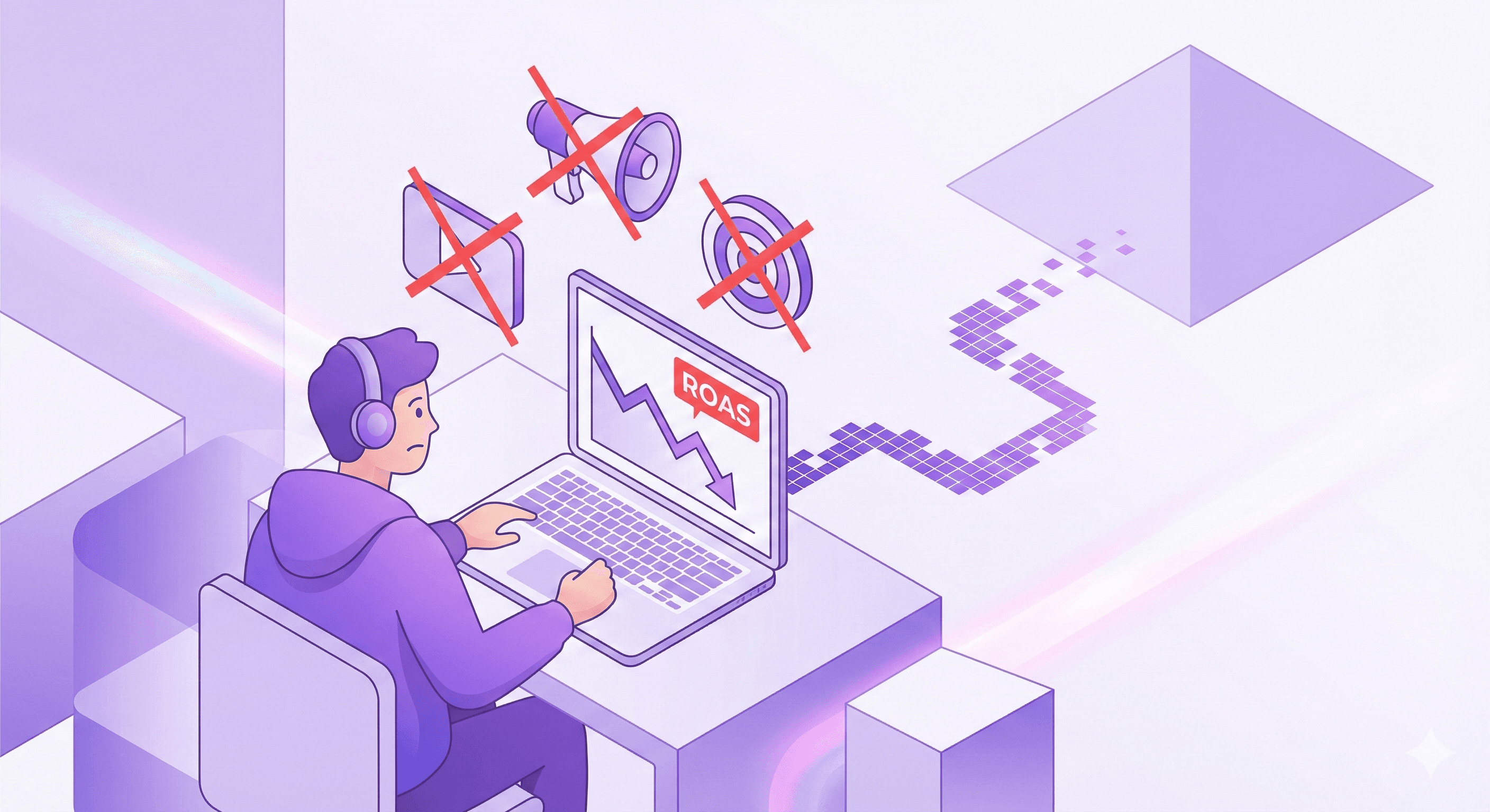 Illustration of a person wearing headphones at a laptop showing declining ROAS, with crossed-out ad icons above, suggesting restricted or underperforming digital ads.