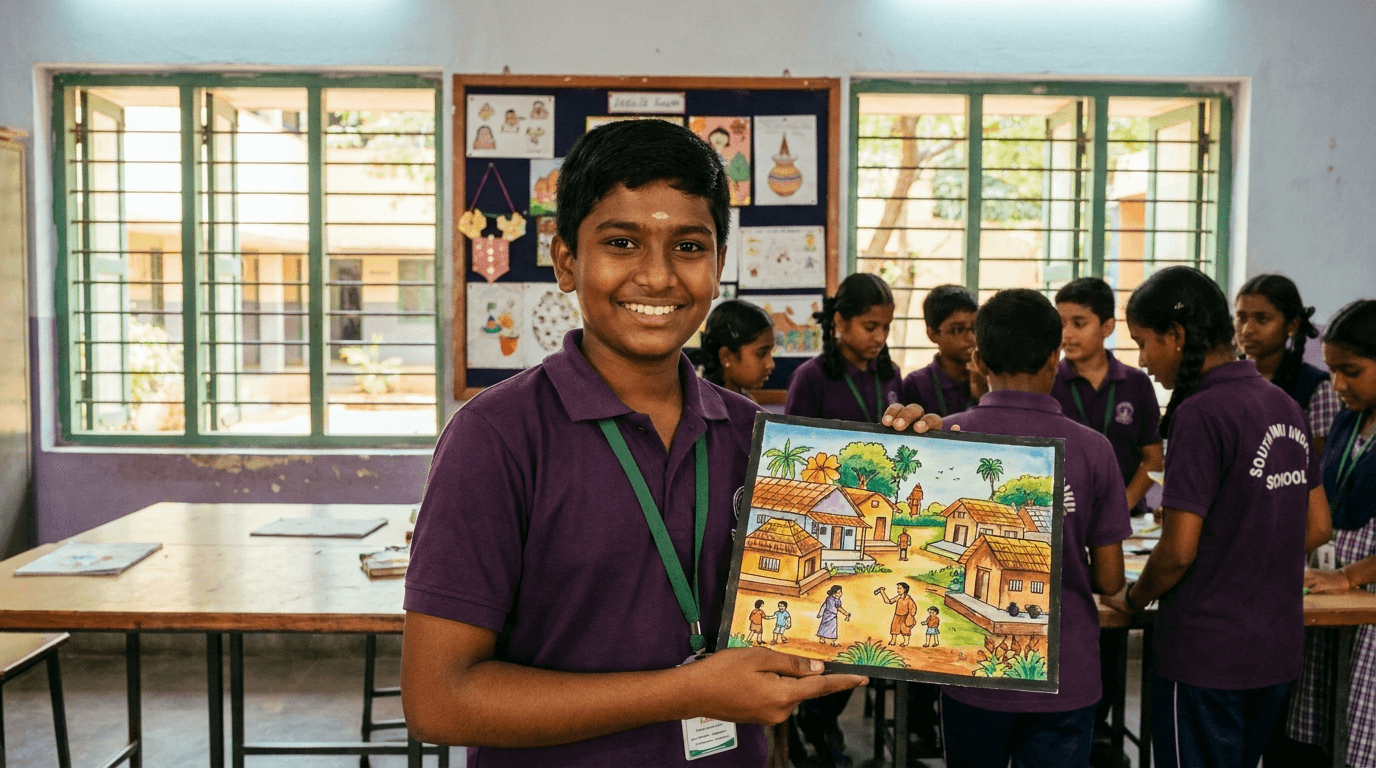 An NCFE student proudly showing a finished painting