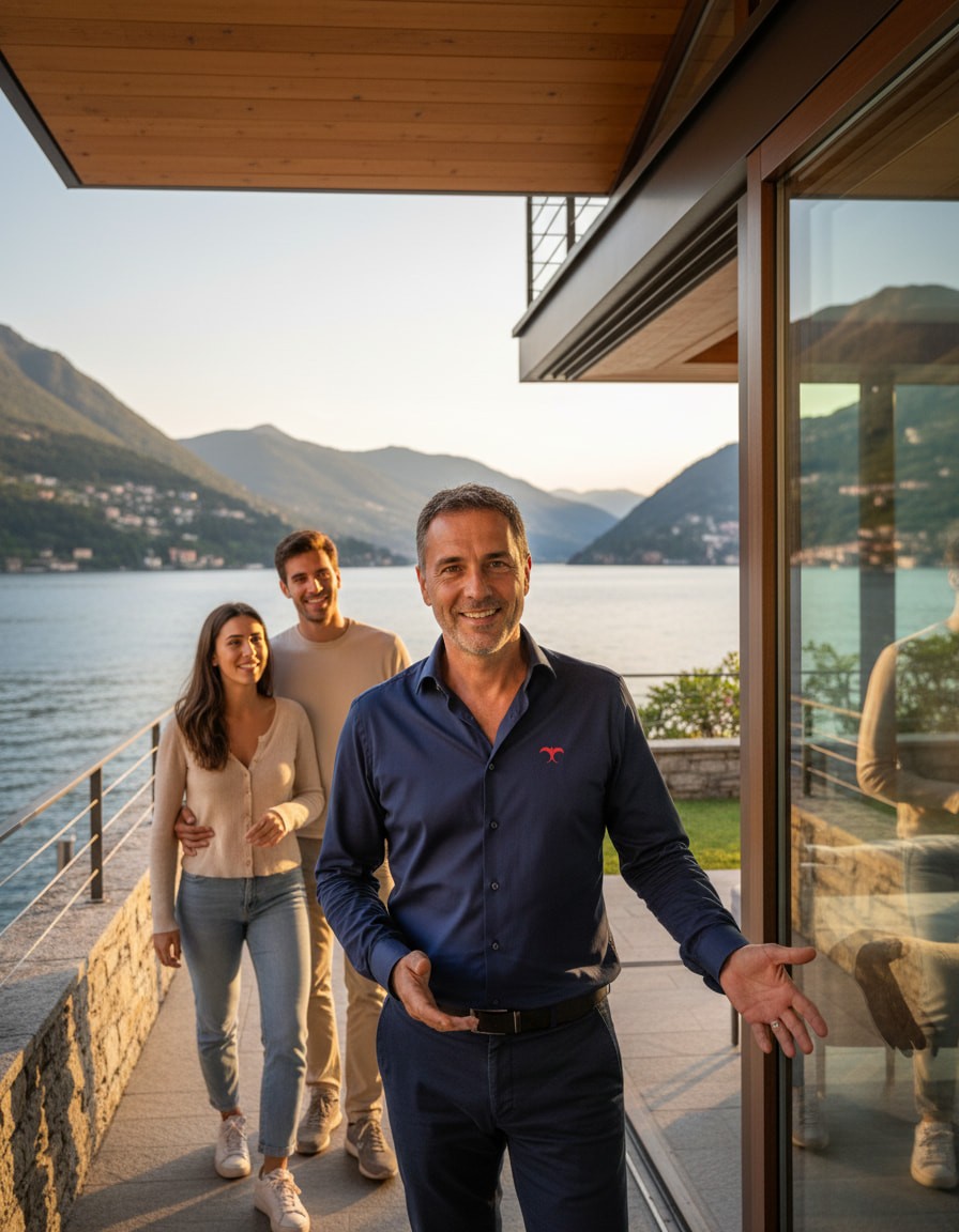 Gruppo di ospiti accolti all’esterno di una villa moderna breva collections