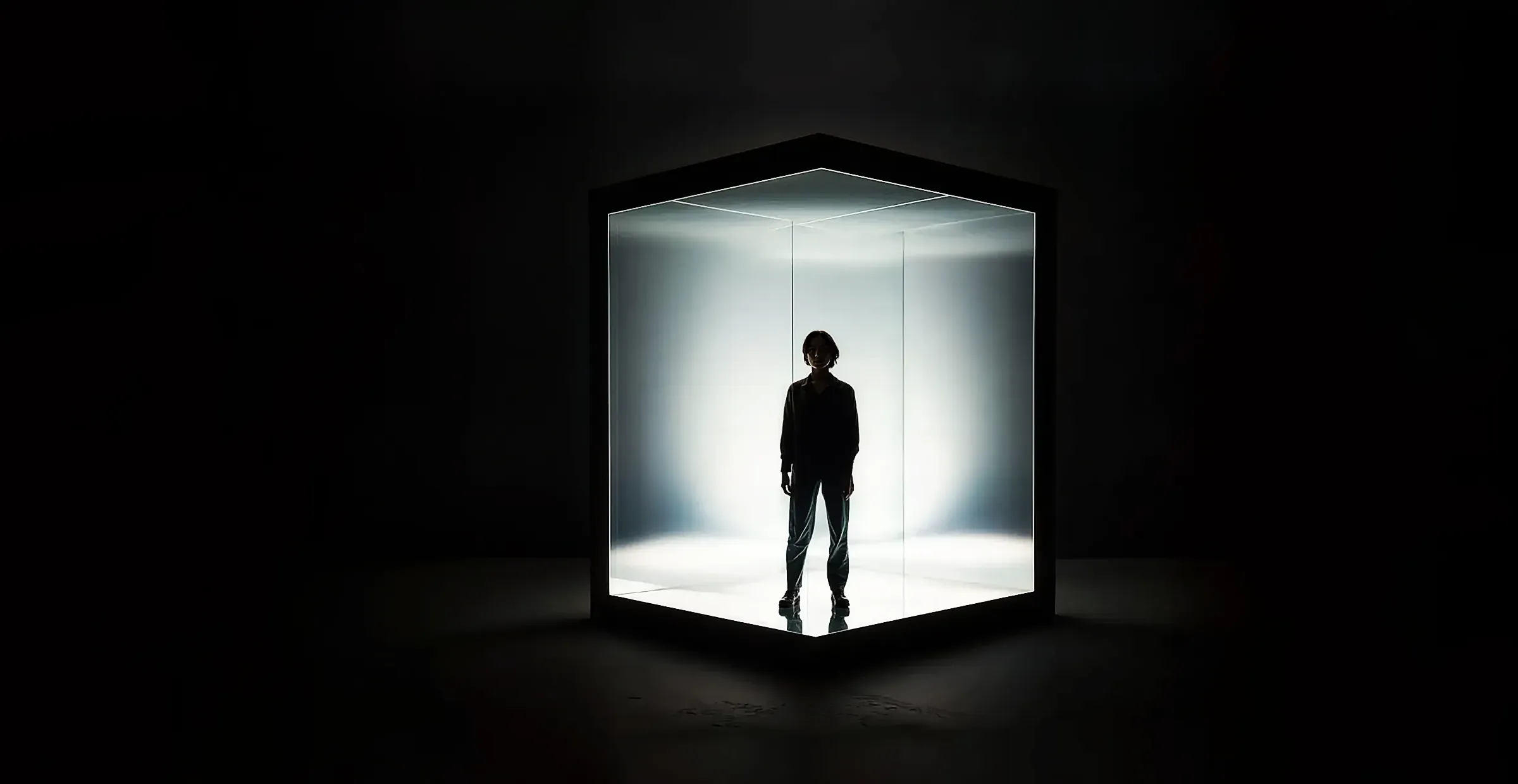 Silhouetted Person in Illuminated Glass Cube 