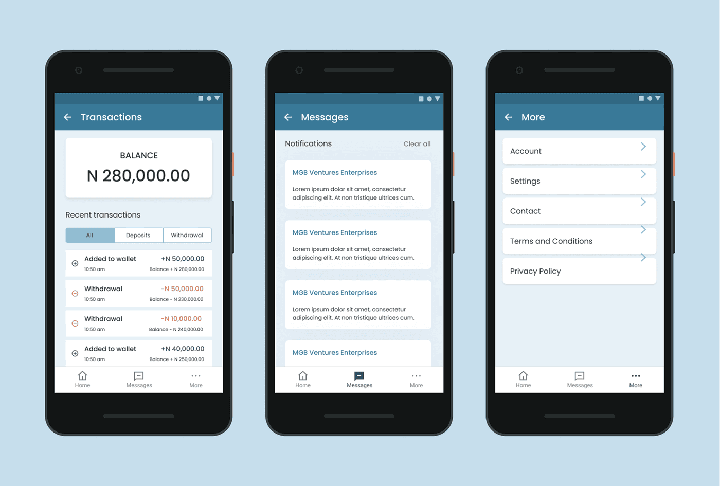 prototype for transactions, messages and settings