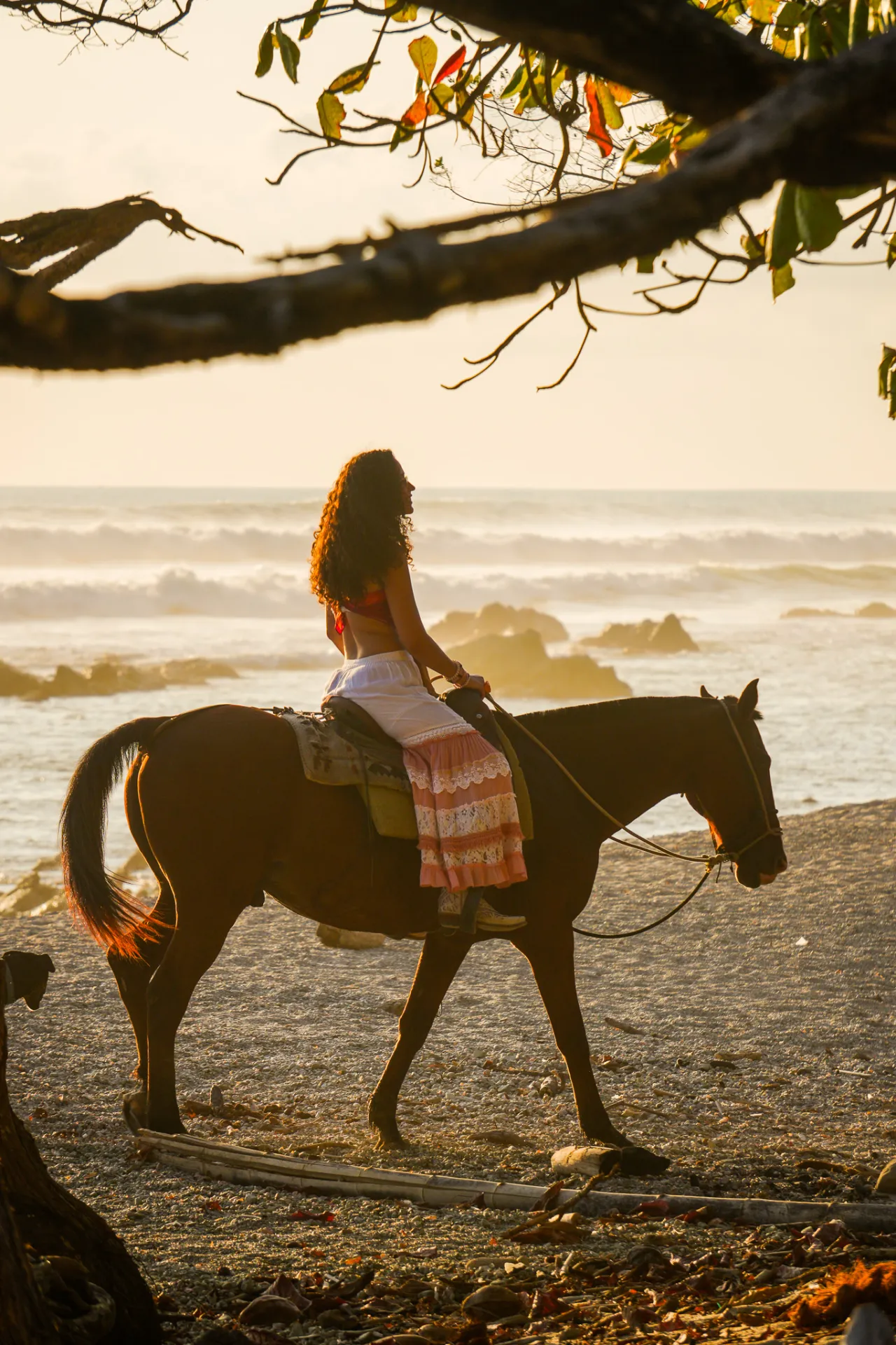 Woman riding a horse along the beach in Manzanillo, Costa Rica, at golden hour