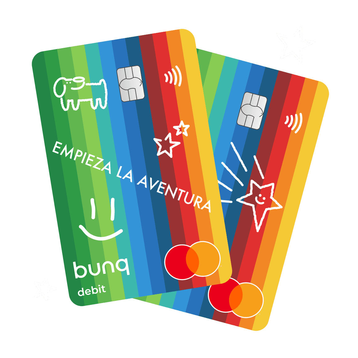 Dos coloridas tarjetas de crédito superpuestas sobre un fondo circular oscuro.