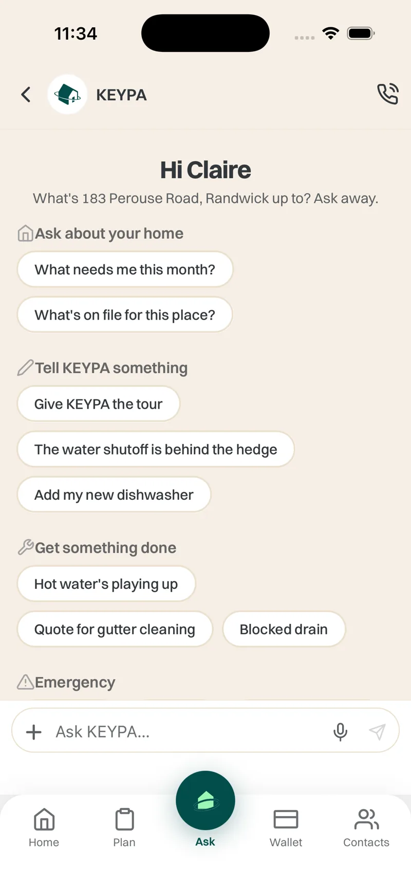 Ask Keypa chat answering from the home's own record