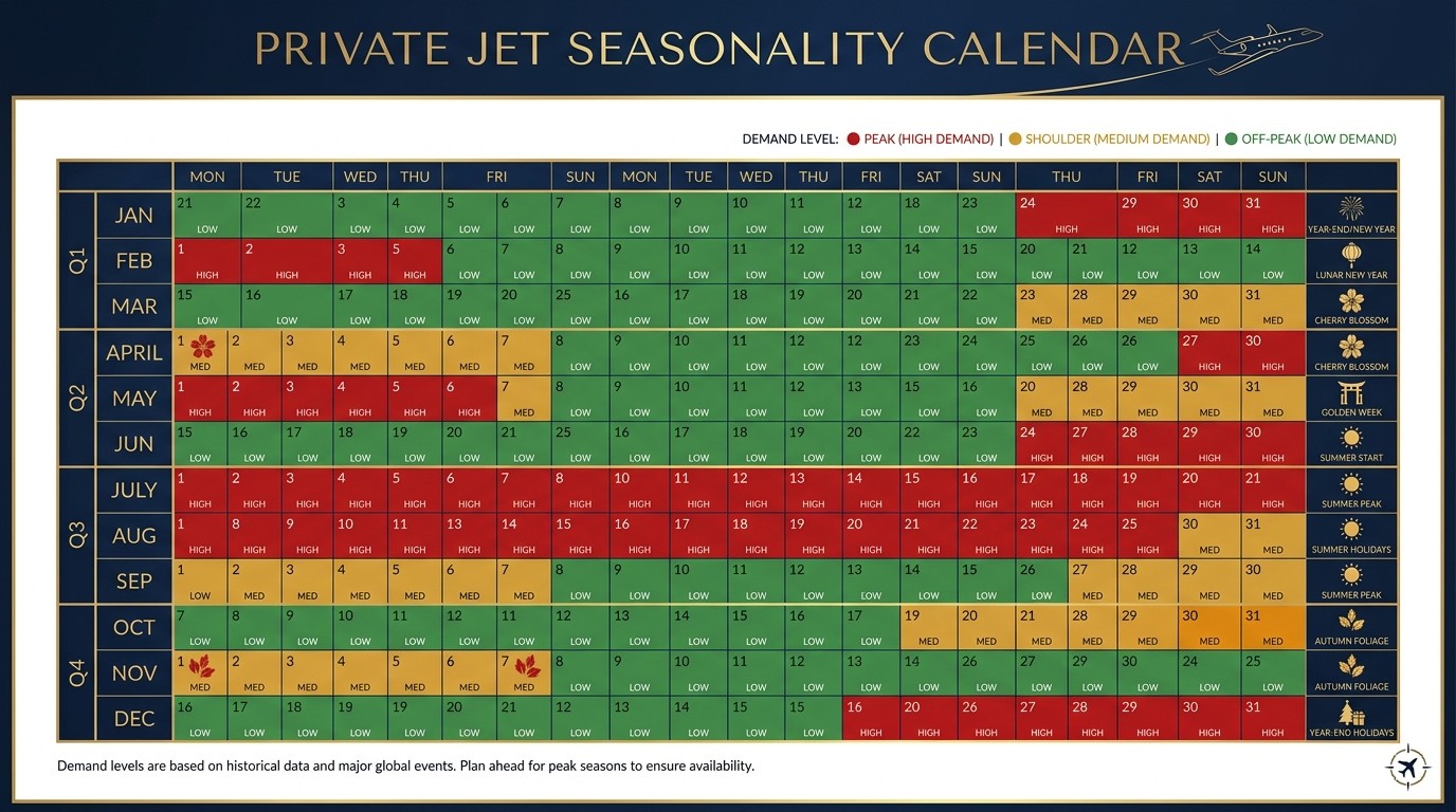 Private jet peak and off-peak season calendar — year-end Lunar New Year Chuseok summer Golden Week cherry blossom foliage off-peak weekday price tendency