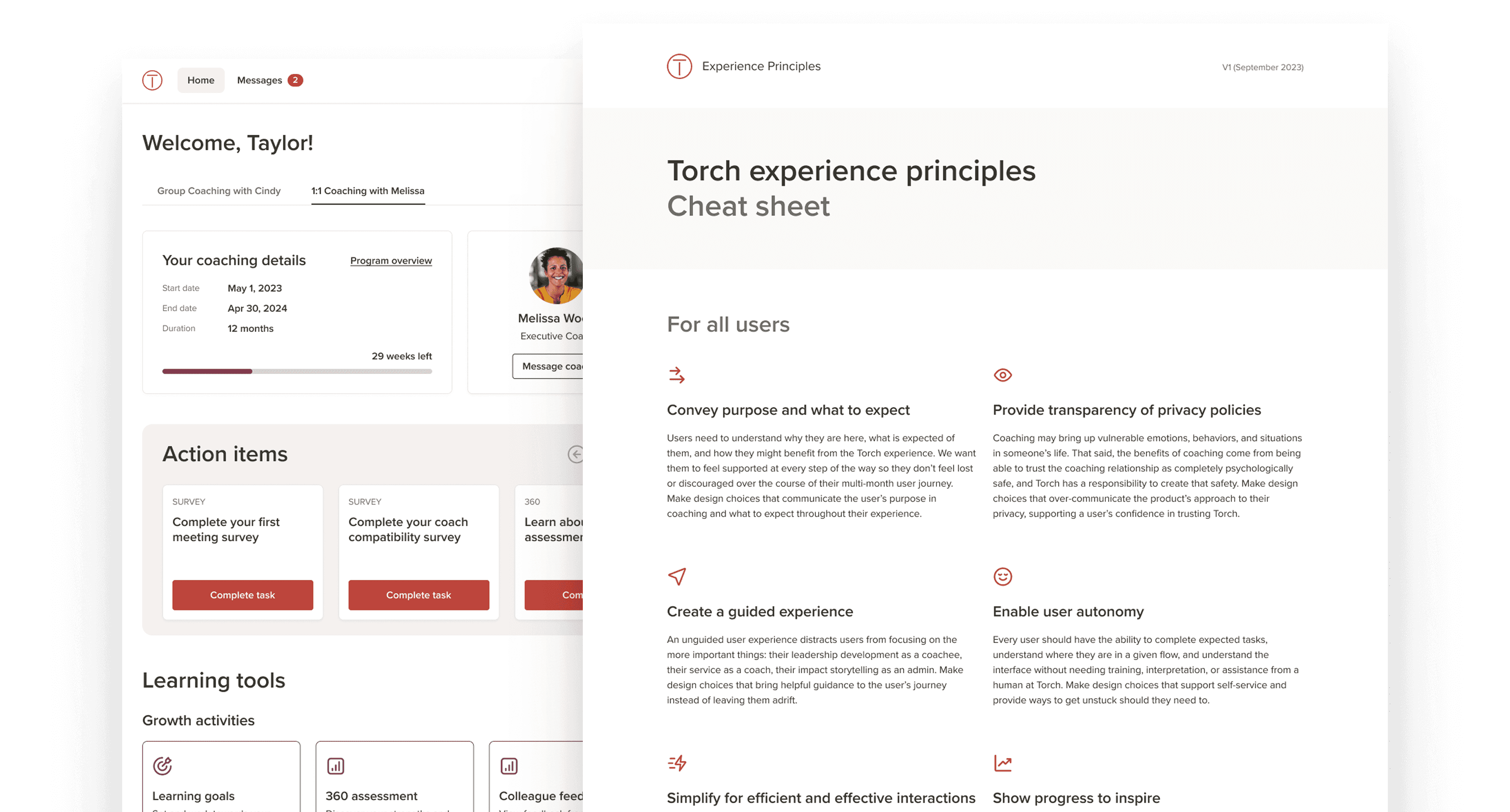 Torch’s coaching dashboard interface and experience principles documentation.