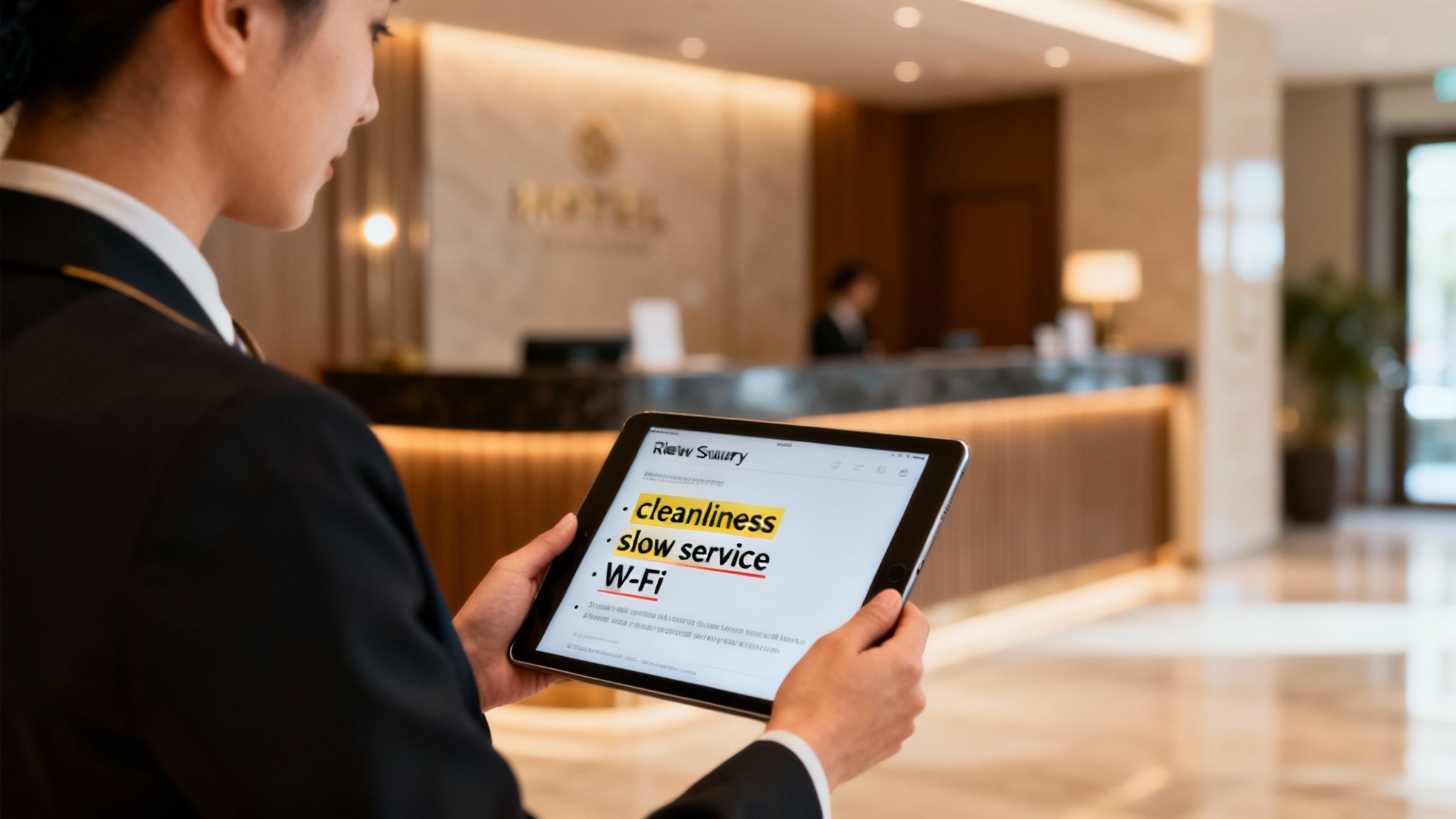 Hotel staff member reviews customer feedback on a tablet displaying 'cleanliness', 'slow service', and 'Wi-Fi'.