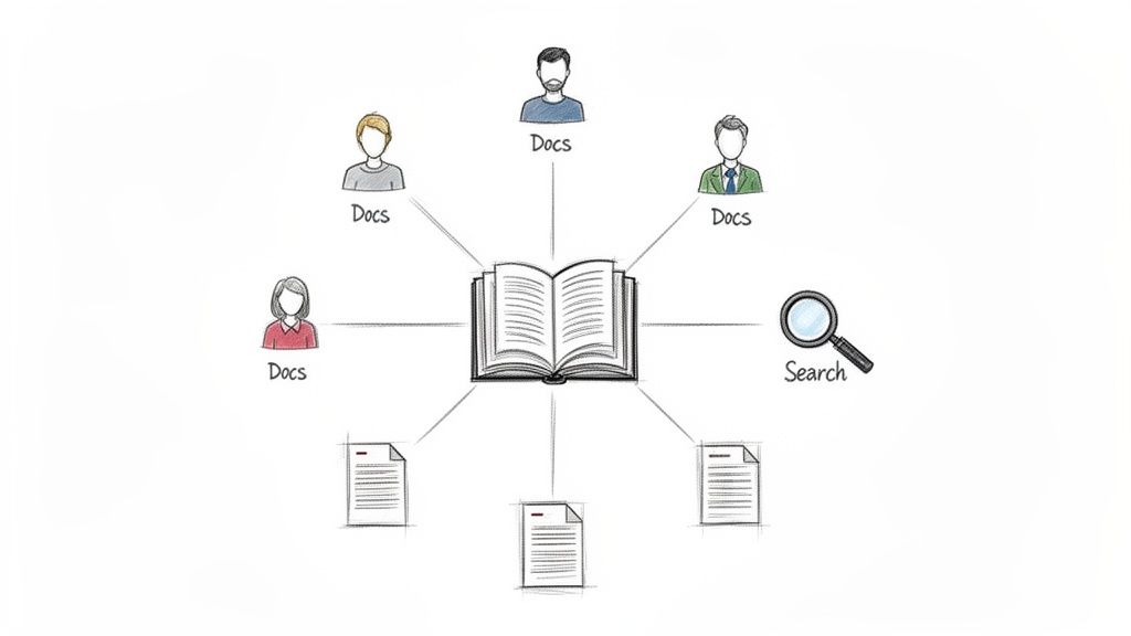An open book central to multiple users, documents, and a search icon, illustrating knowledge management.