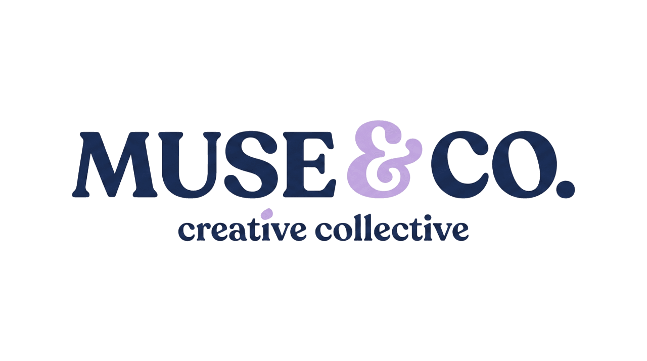 Logo for "Muse & Co. Creative Collective" on a black background. "Muse & Co." is in bold, deep blue, with a pink ampersand; "creative collective" is below in light blue.