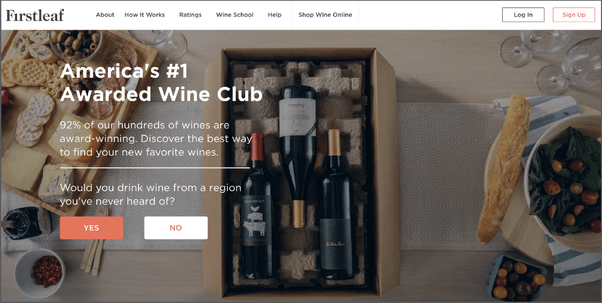 First Leaf Wine Club's website homepage.
