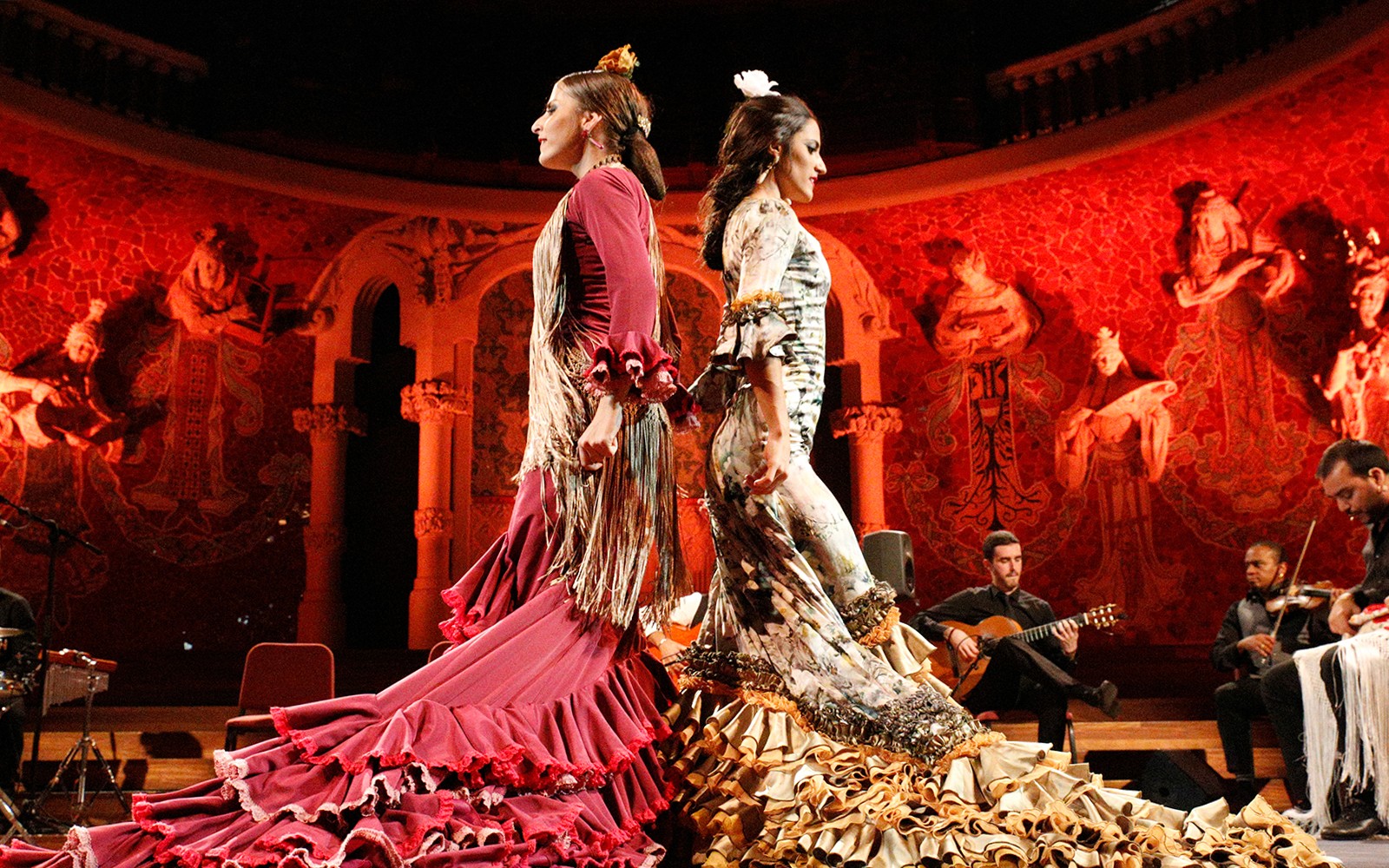 Flamenco dancers performing at Poliorama Theater Gran Gala Flamenco in Barcelona.