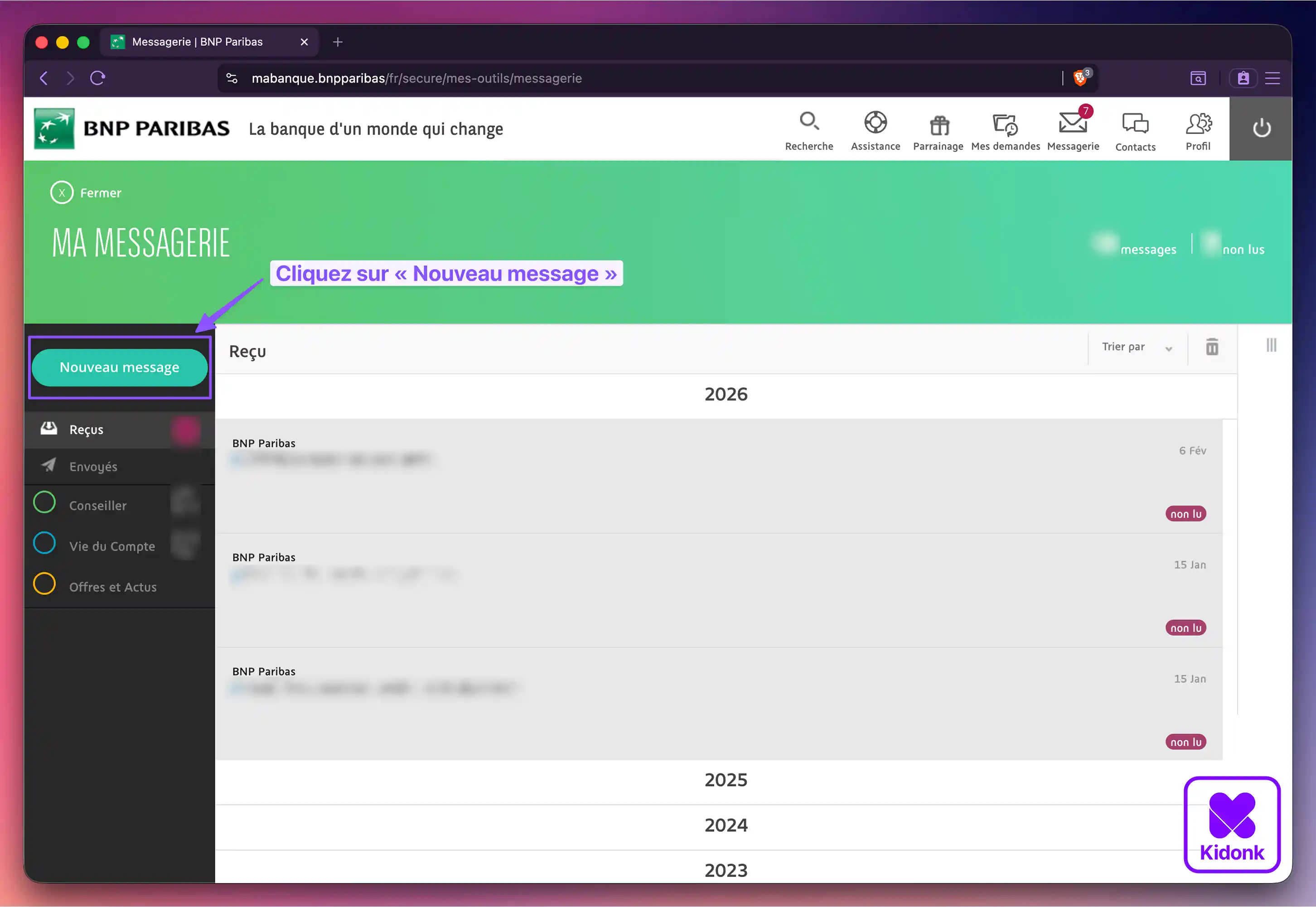 Navigateur web affichant l'endroit pour écrire à son conseiller depuis l'espace client BNP Paribas
