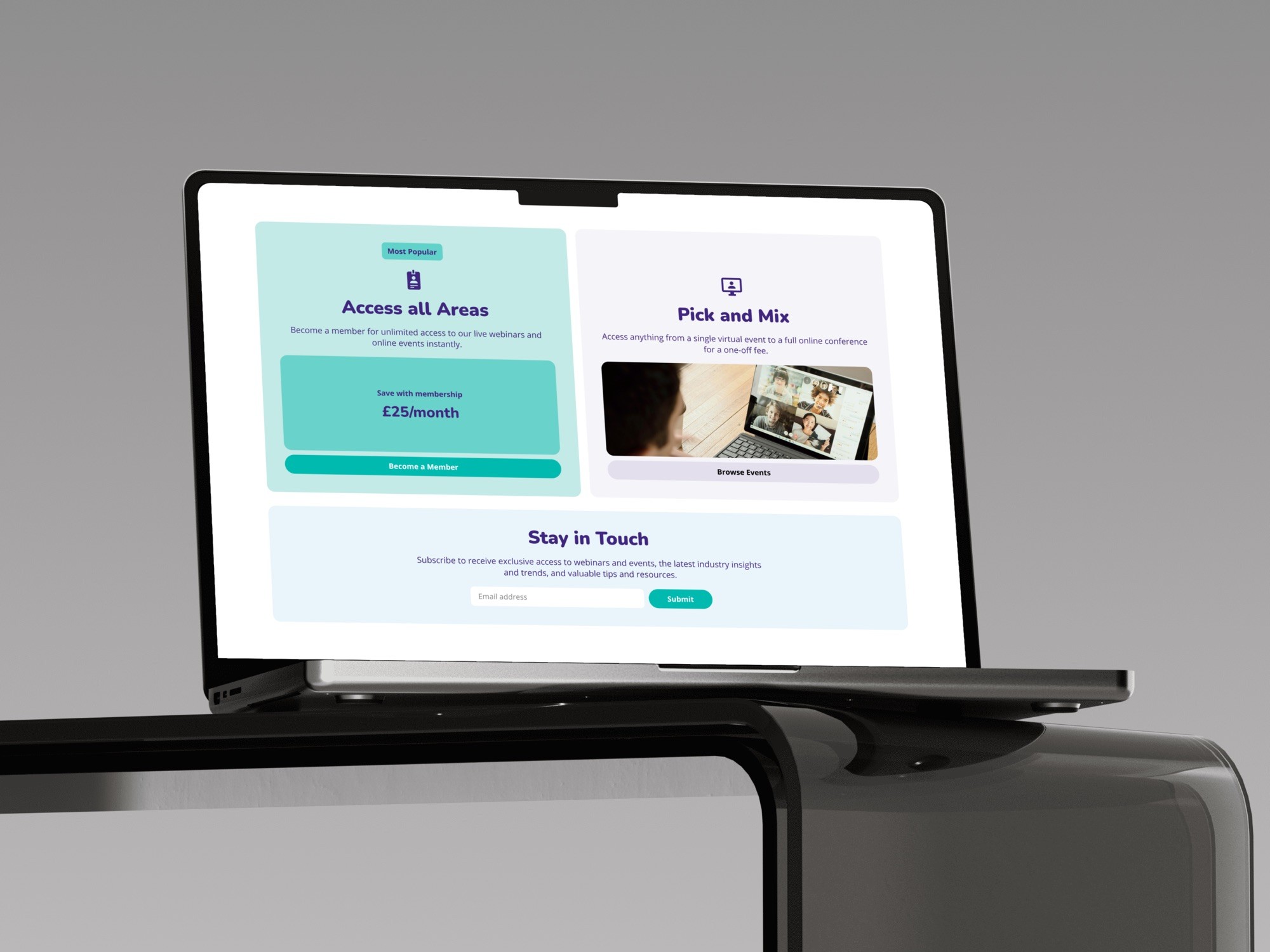 Membership plans on a laptop: Access all Areas in a filled teal card beside Pick and Mix in a paler card
