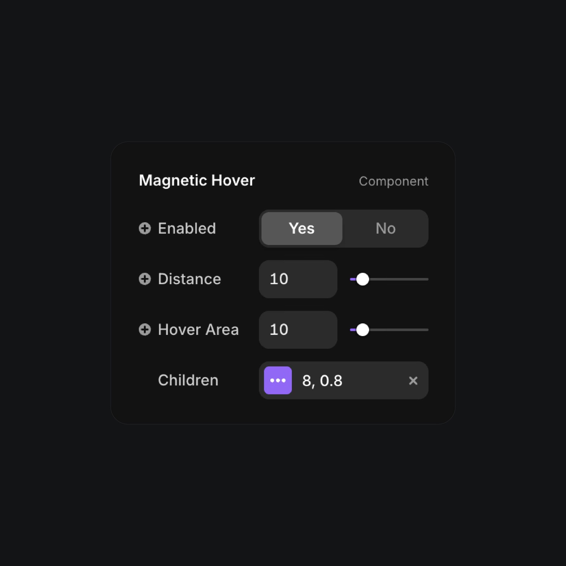 Framer magnetic hover settings panel with distance and area controls