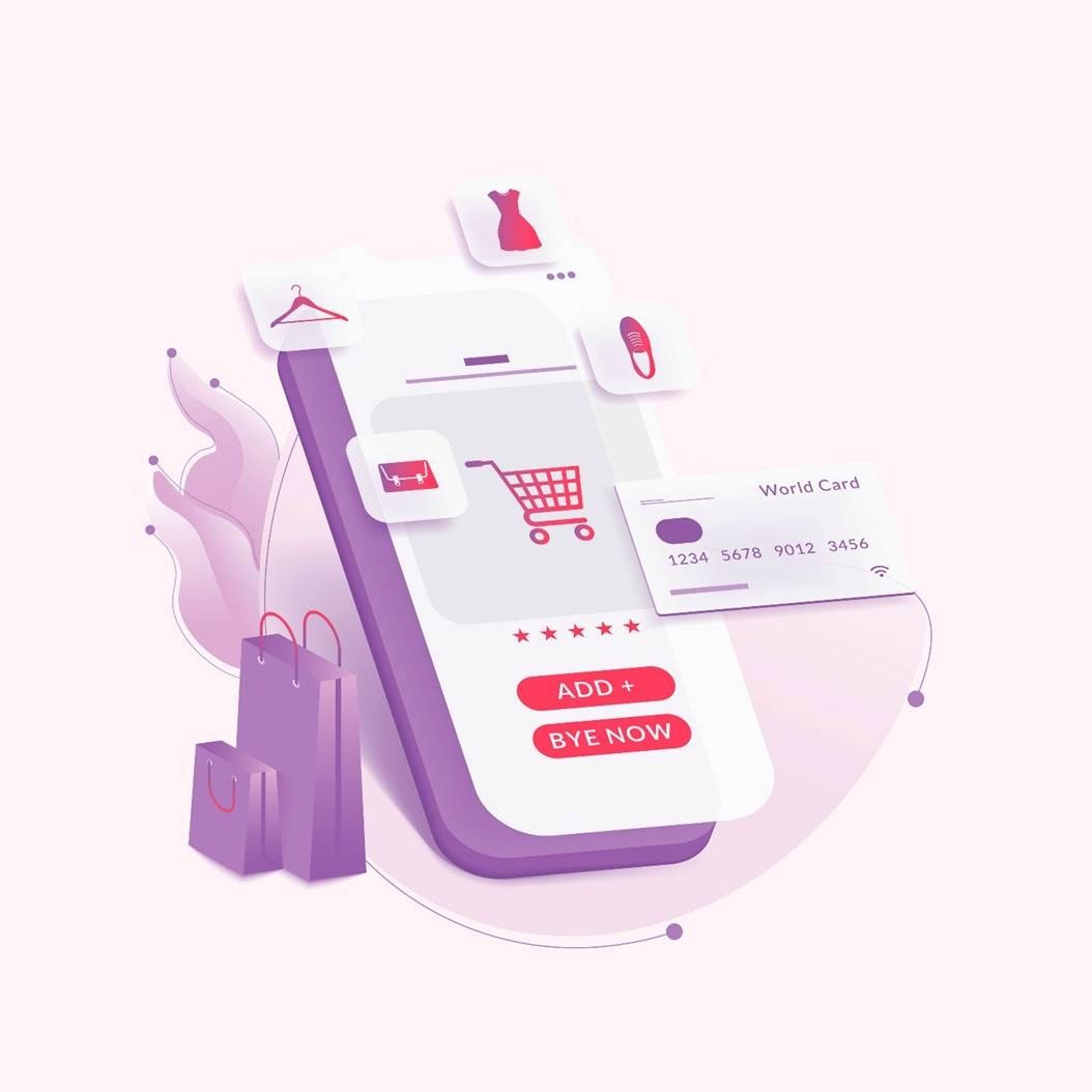 Isometric illustration of a mobile shopping app with cart, credit card, and fashion items, representing social commerce UX
