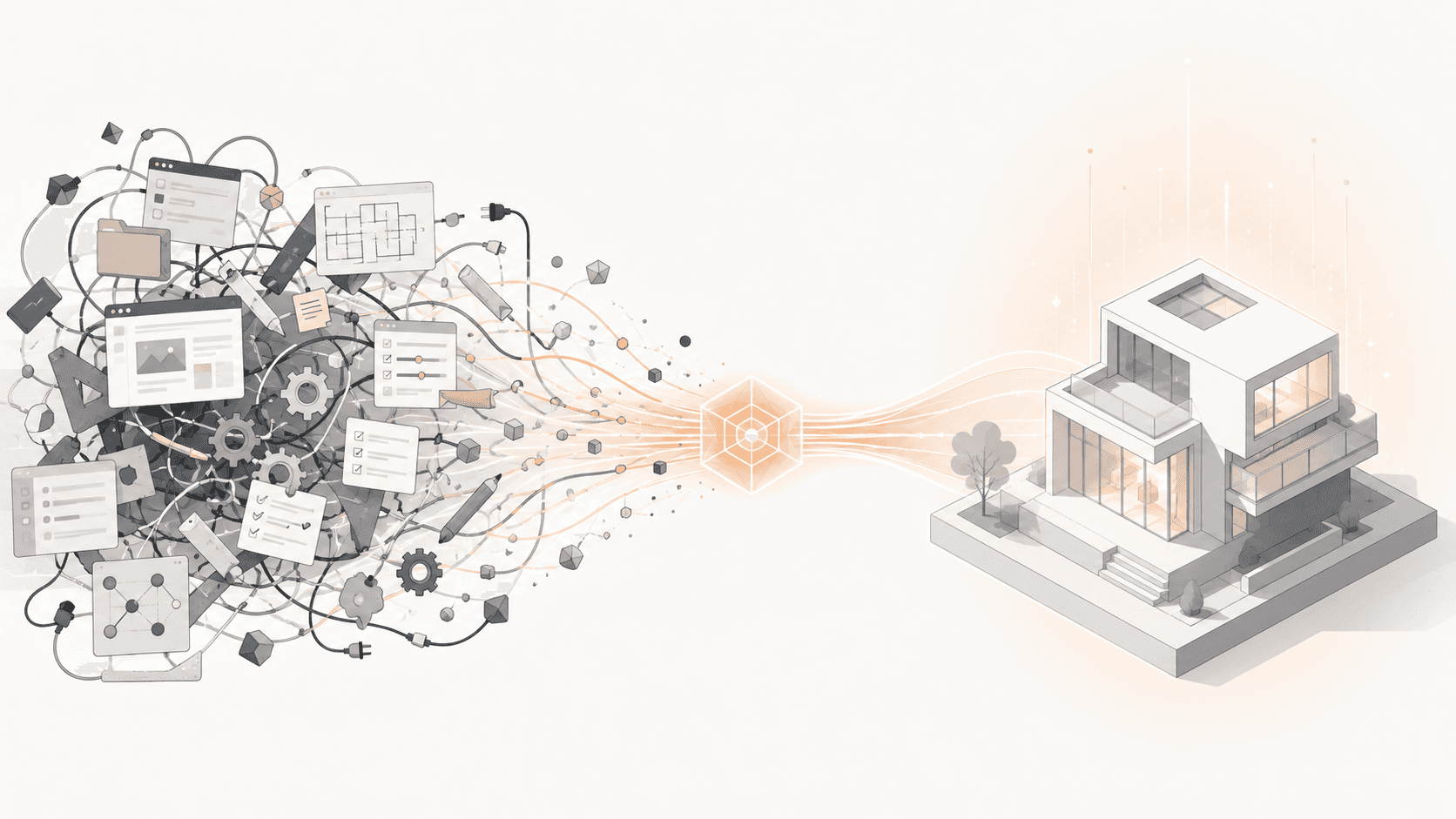 Conceptual illustration showing a tangled cluster of manual tools and workflow steps transforming into a clean glowing 3D building model.