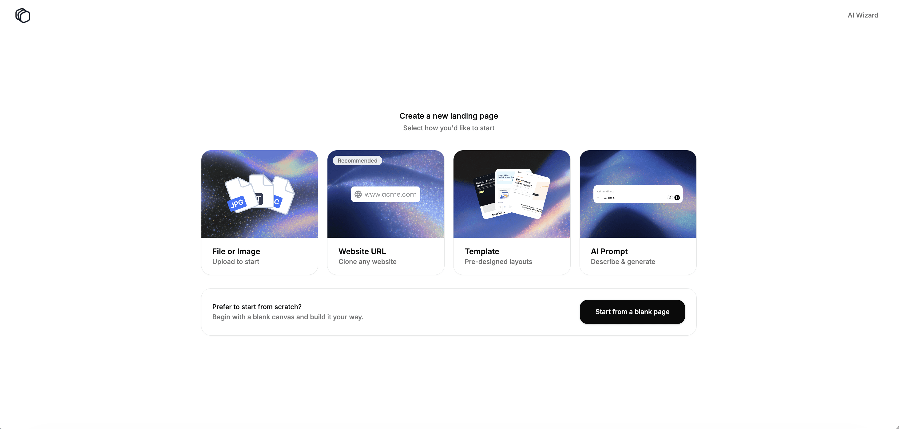 GenPage base page creation options — prompt, URL replication, file upload, or template