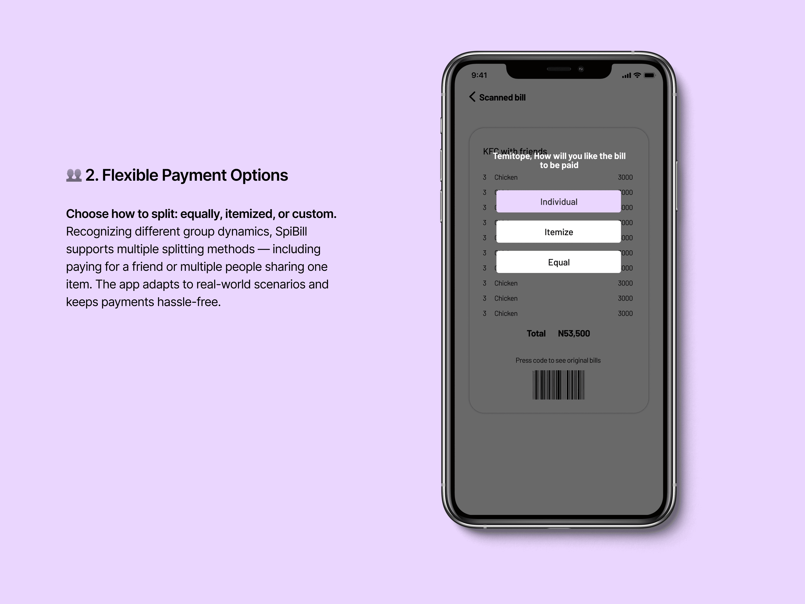 This image showcases a collection of mobile wireframe designs for an iPhone, displaying various user interface elements and layout structures, perfect for visualizing app functionality and user experience, with a specific focus on flexible payment options, including choices for equal, itemized, or custom payment splitting.